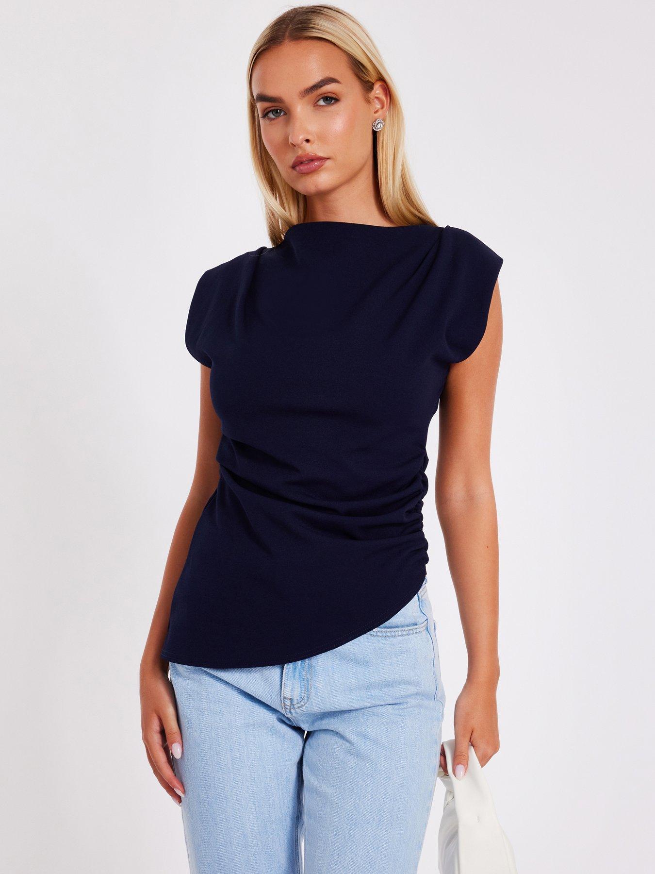 undefined Navy Asymmetric Boat Neck Top