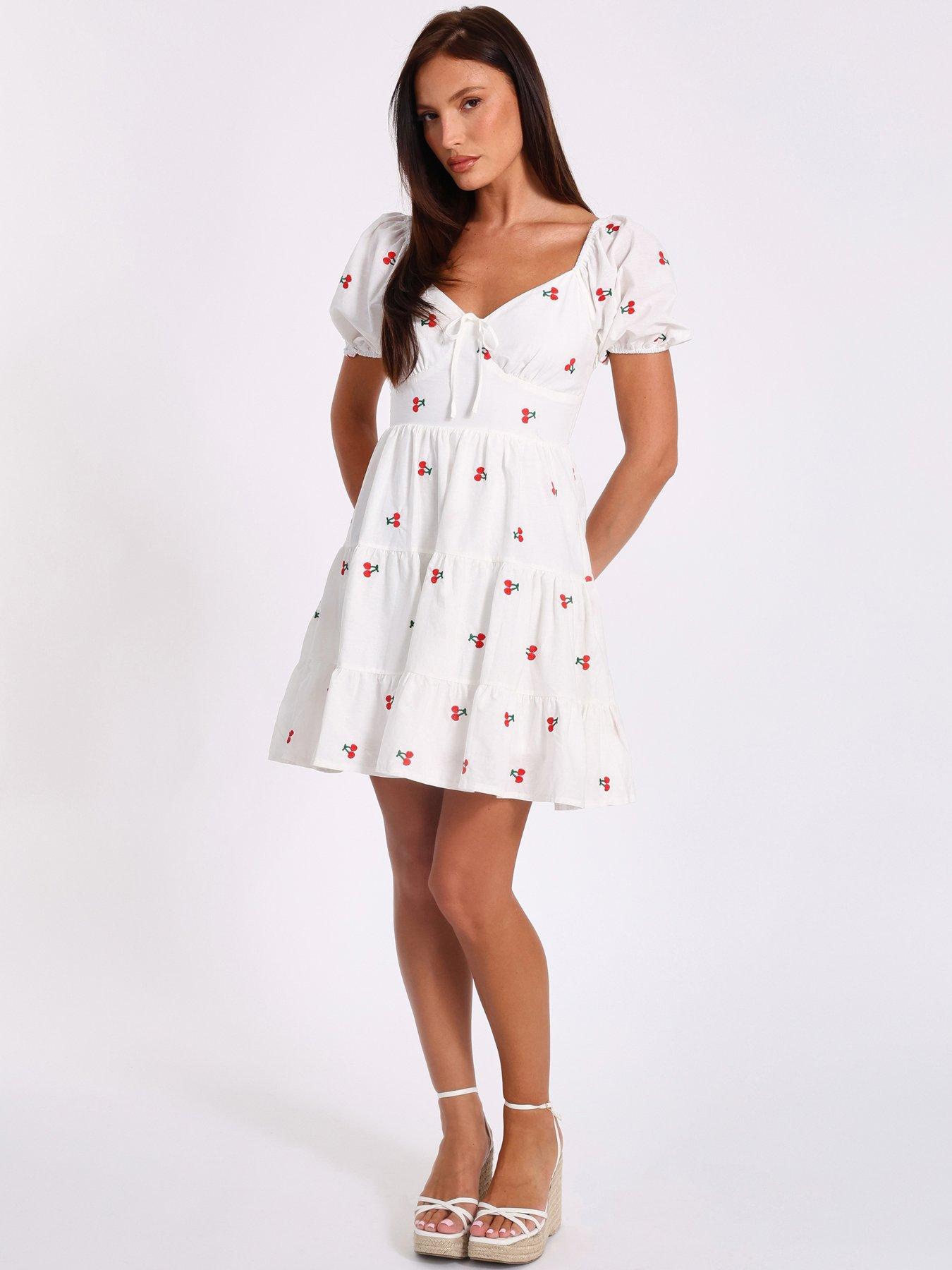 undefined White Cherry Print Skater Dress