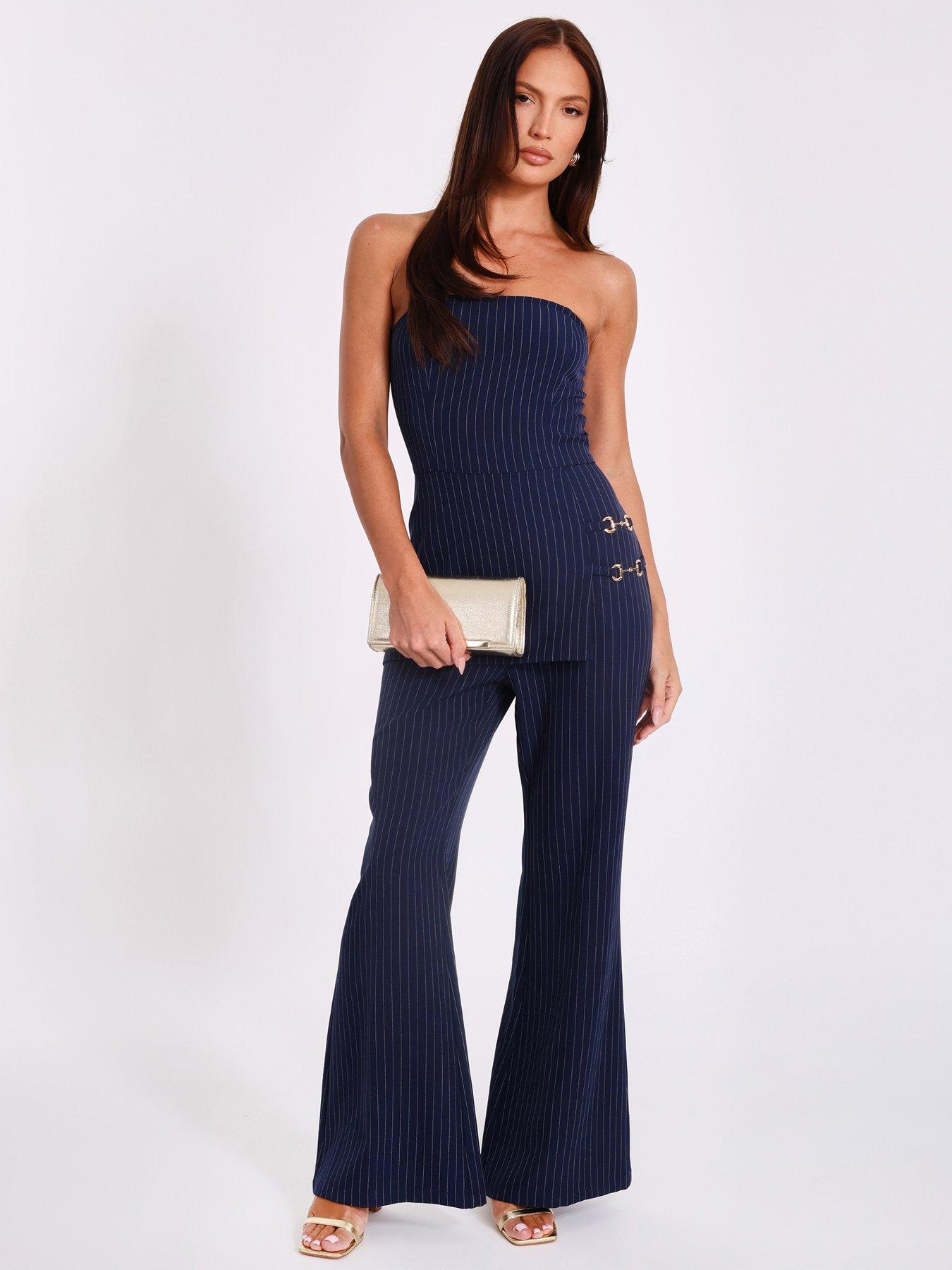 undefined Navy Pinstripe Strapless Jumpsuit