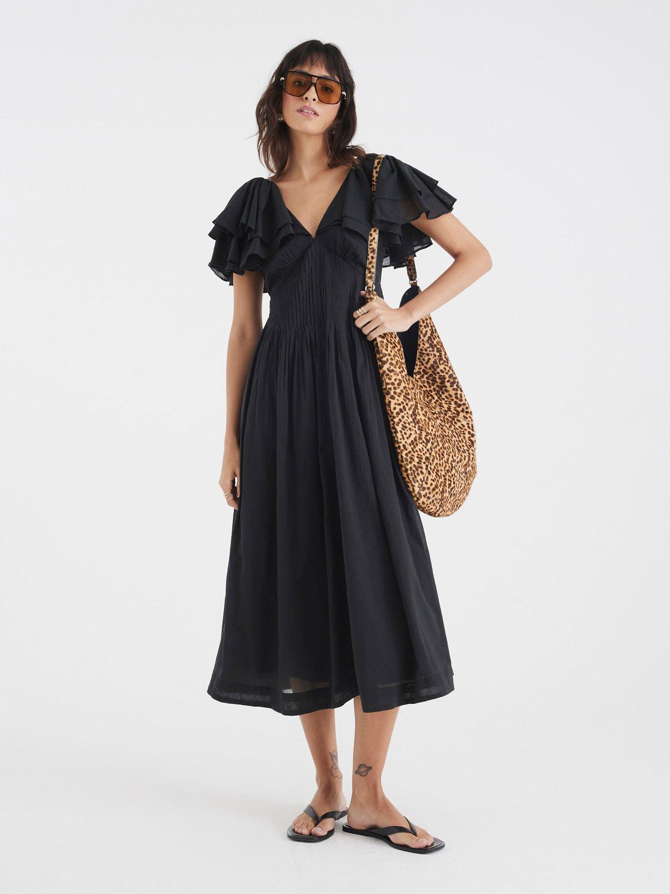 River Island: Premium Flutter Midi Dress - Black