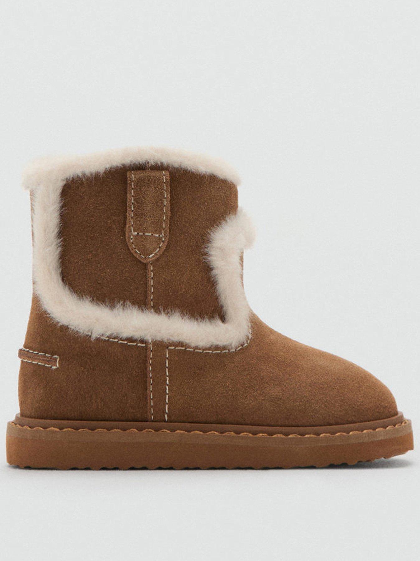 Mango Younger Girls Faux Fur Trim Leather Boots - Brown