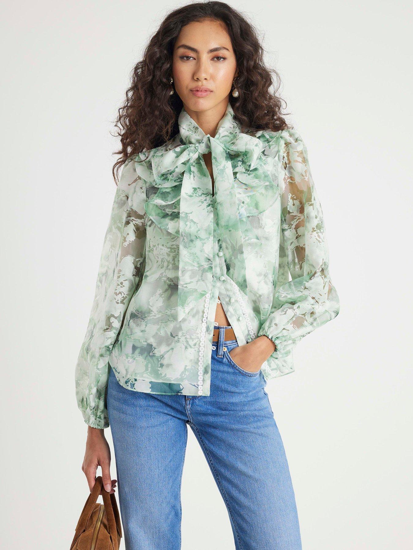 Image 1 of 4 of River Island Premium Printed Burnout Shirt - Green