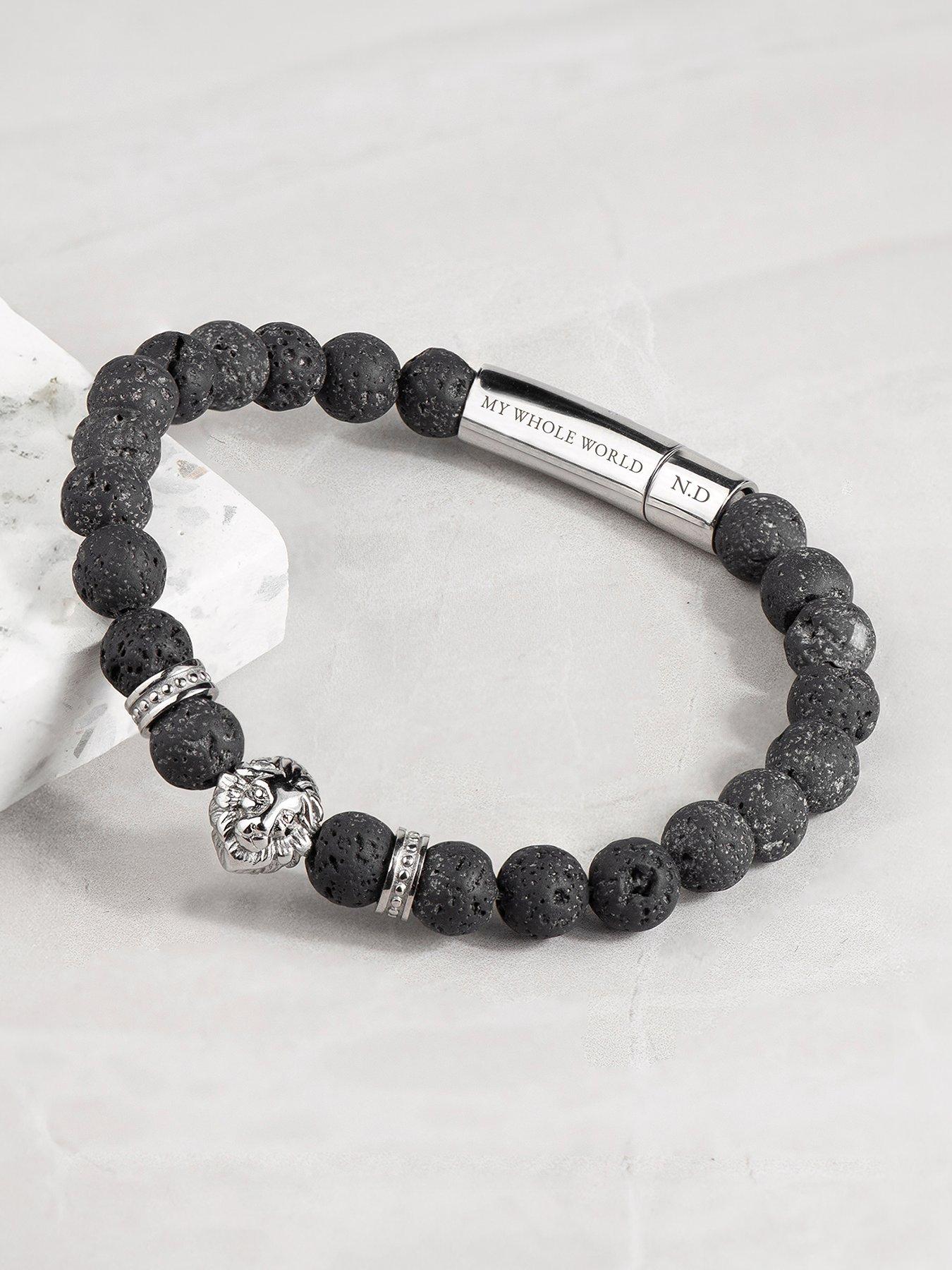 Treat Republic Personalised Men's Silver Plated Lion Black Beaded Bracelet