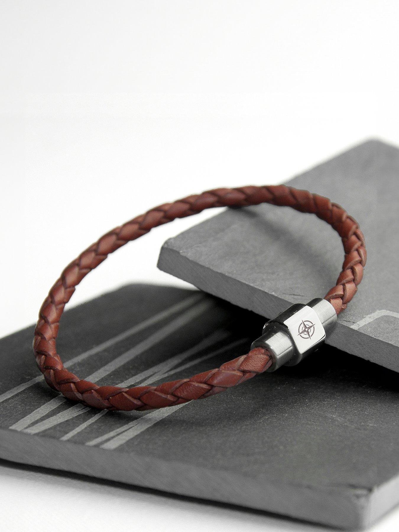 Treat Republic Personalised Men's Travel Compass Woven Leather Bracelet in Burnt Sienna