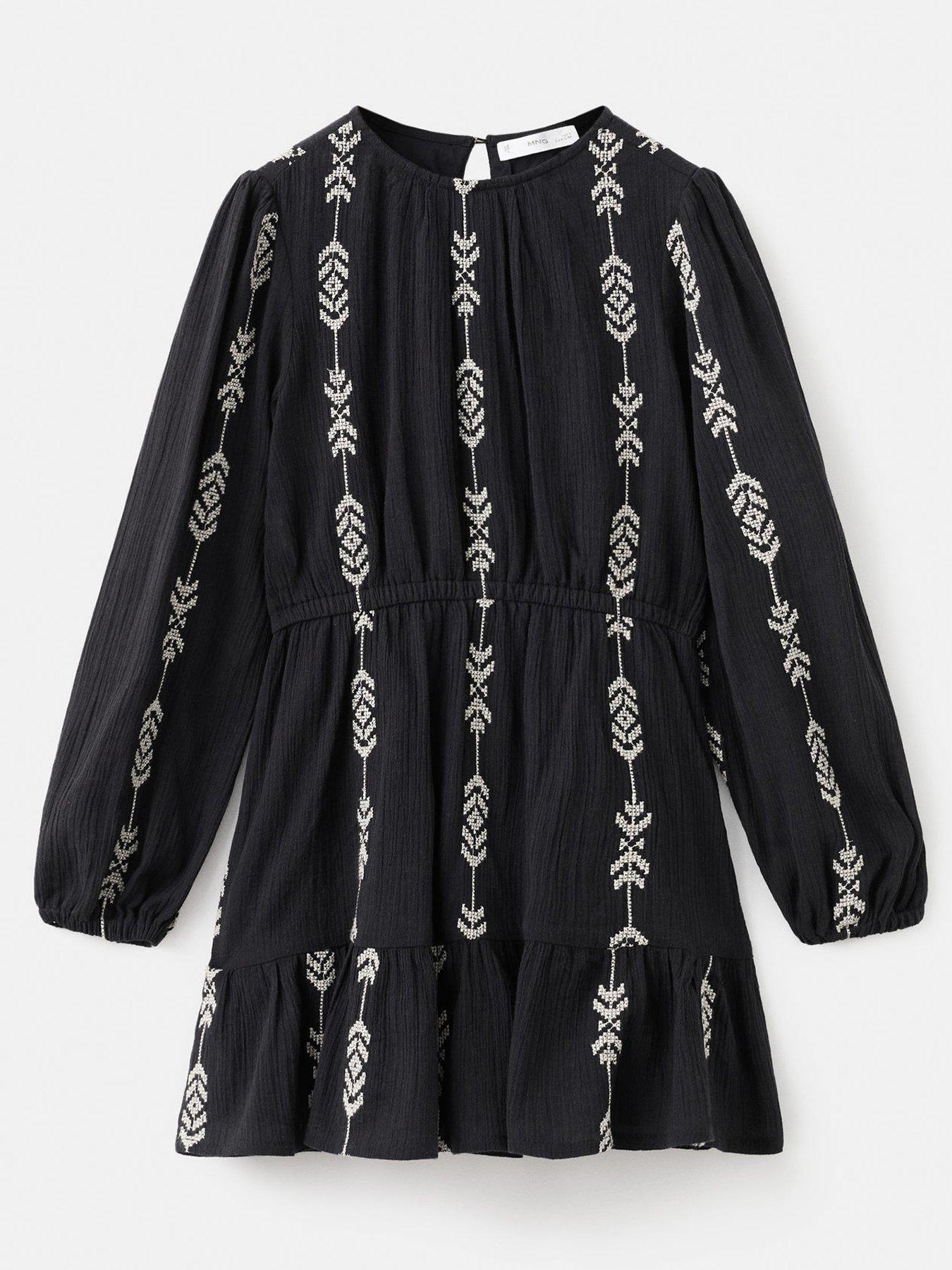 Mango Girls Embroidered Long Sleeve Dress - Black