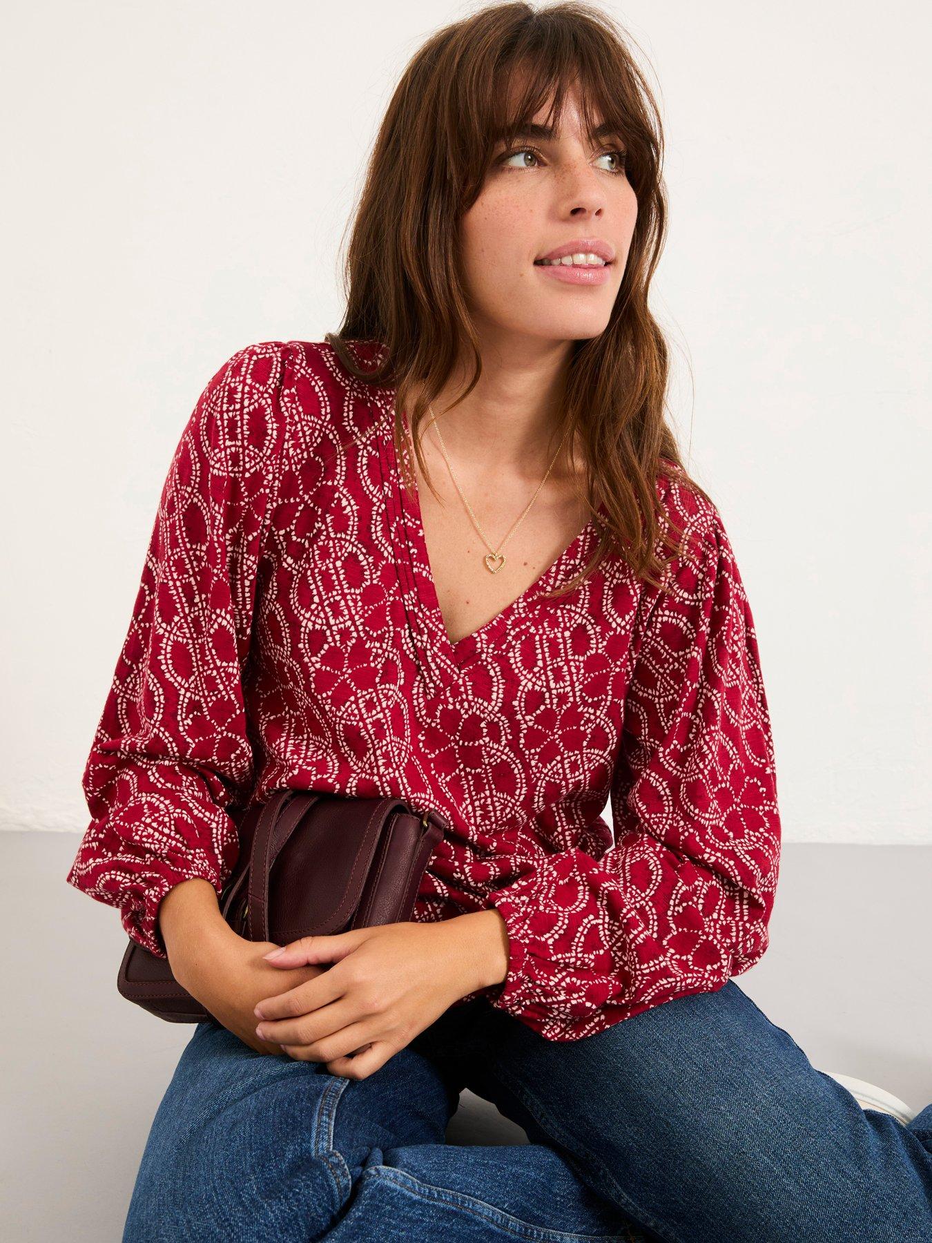FatFace Margot Texture Floral V Neck Top - Red