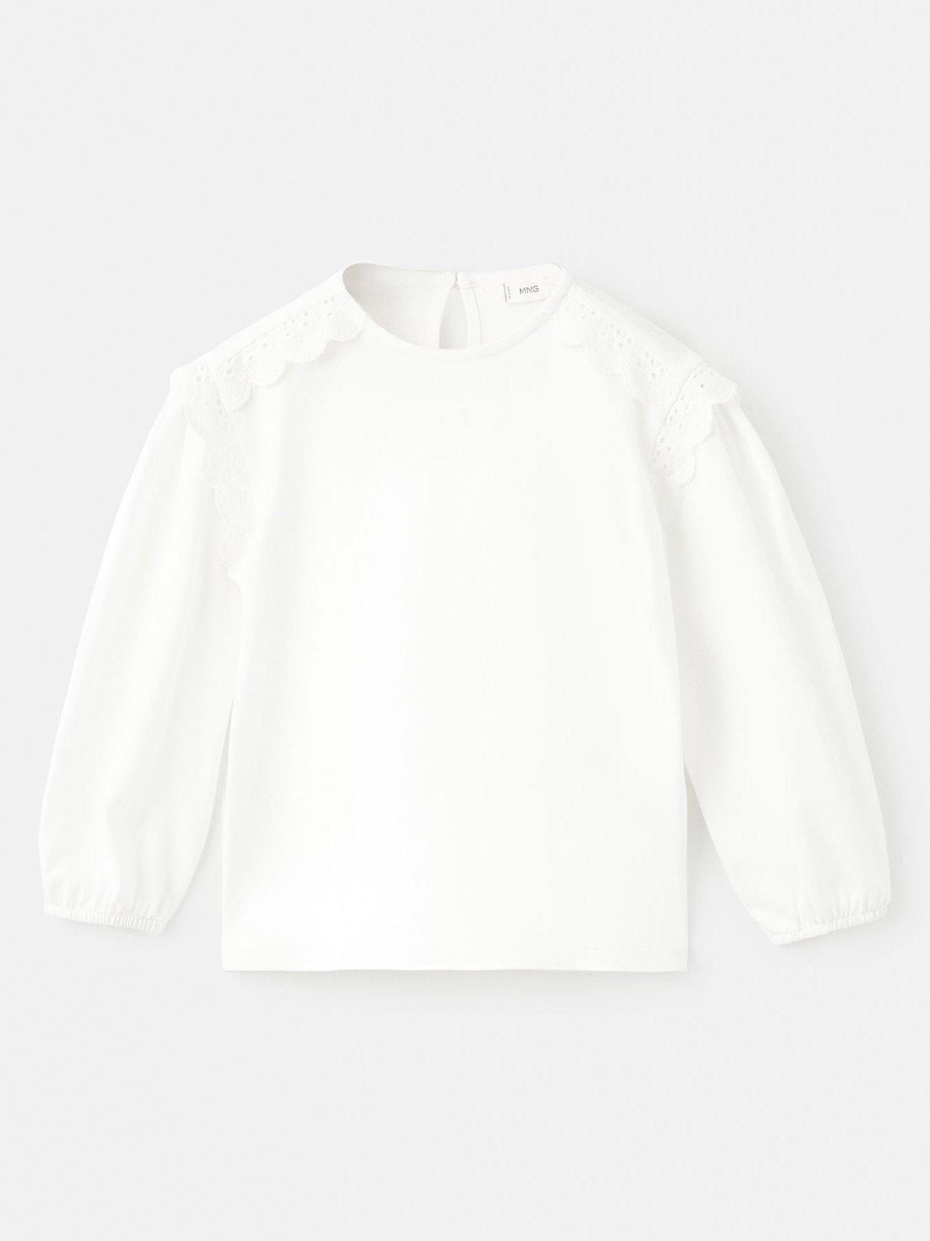 Mango Younger Girls Lace Frill Long Sleeve T-shirt - Light Cream