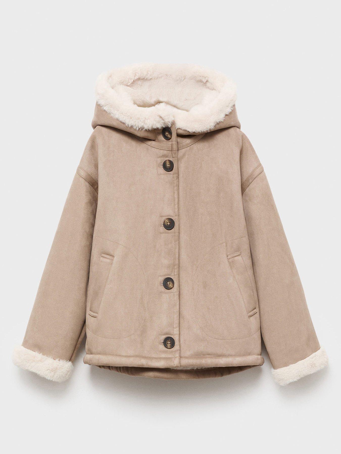 Mango Girls Suedette Faux Fur Lined Coat - Beige