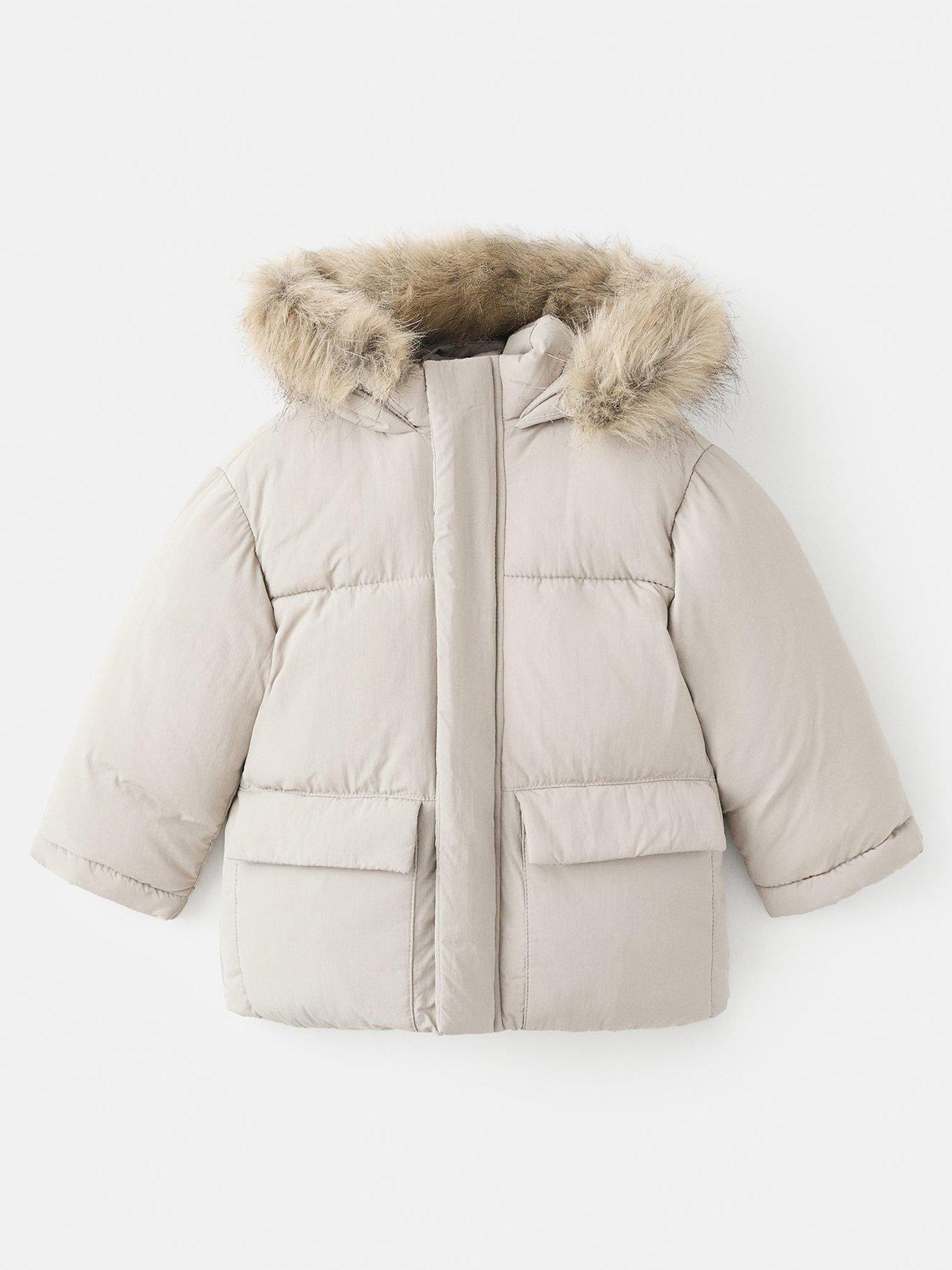 Mango Younger Boys Faux Fur Trim Padded Coat Beige Very