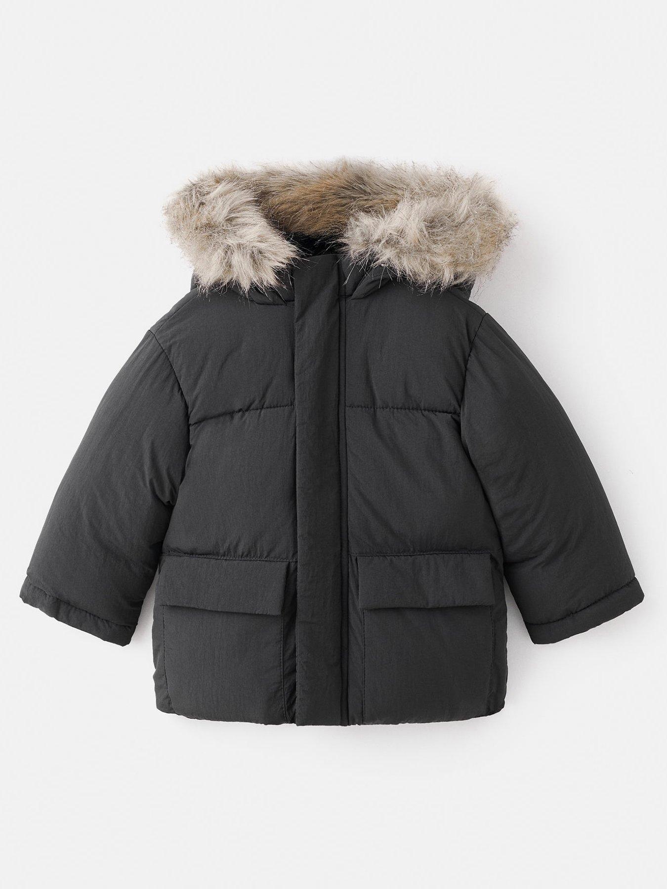 Mango Younger Boys Faux Fur Trim Padded Coat - Black