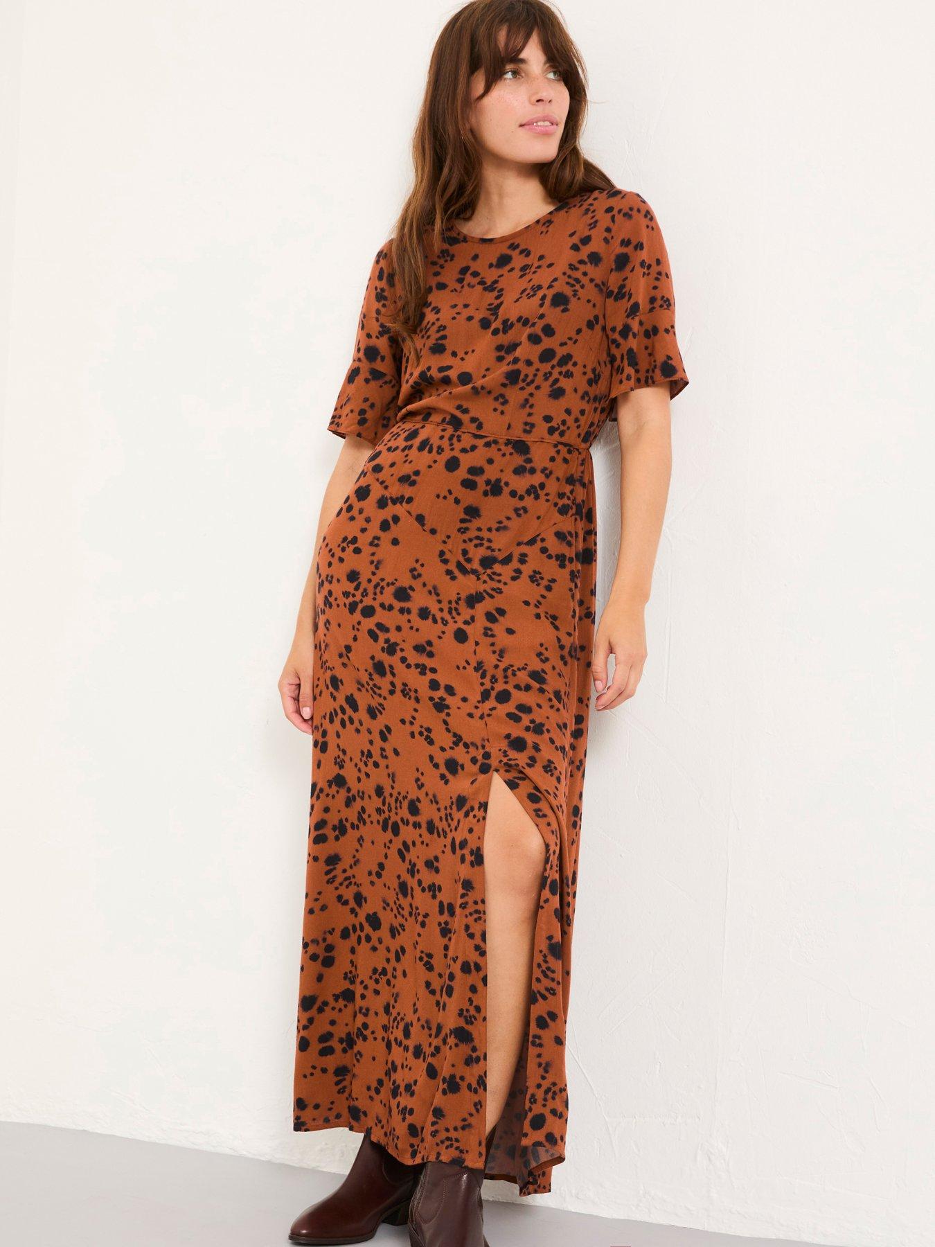 Image 1 of 6 of FatFace Winona Animal Midi Dress - Tan Brown