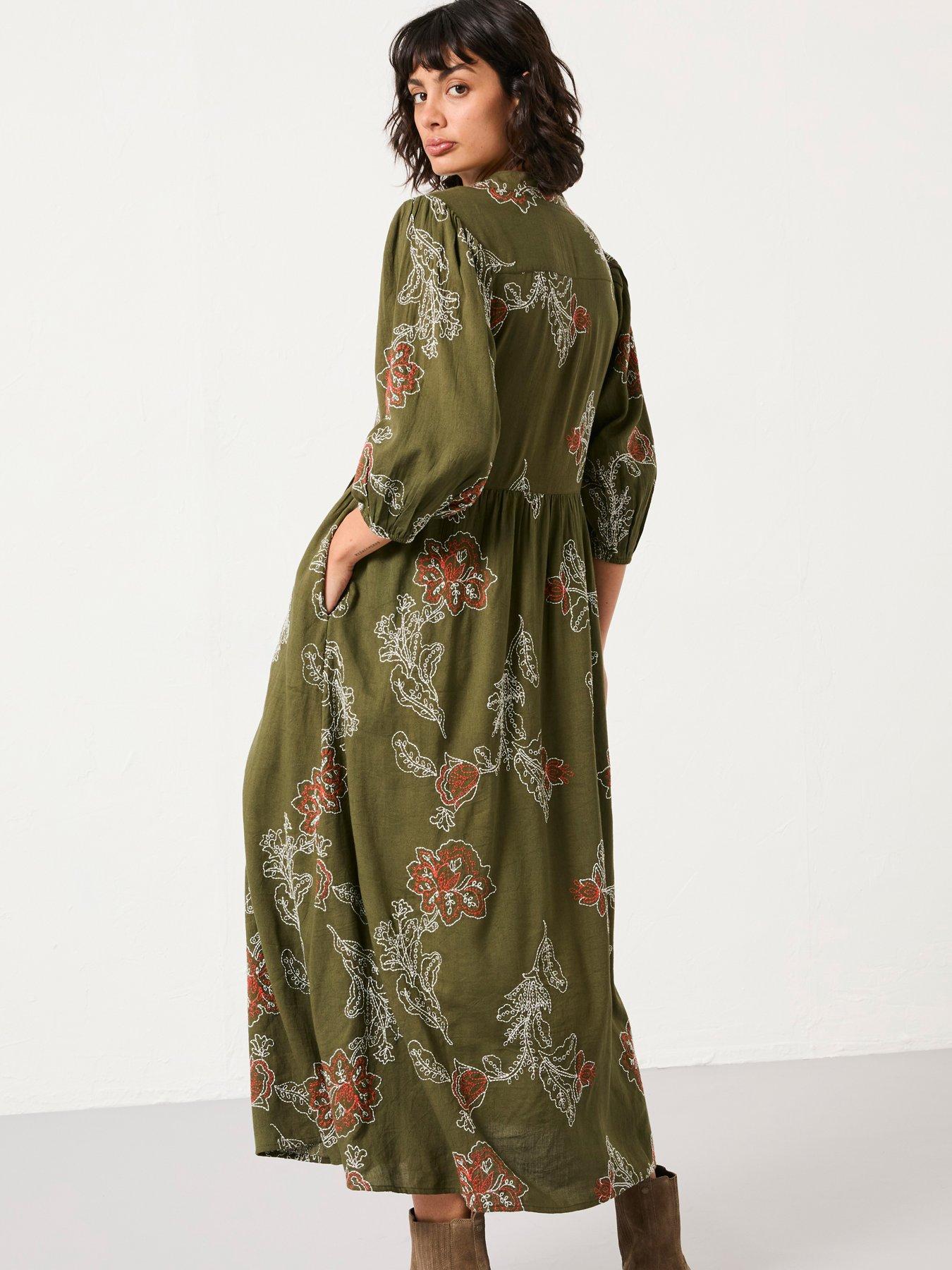 FatFace Vivenne Embroidered Midi Dress - Olive Green | Very