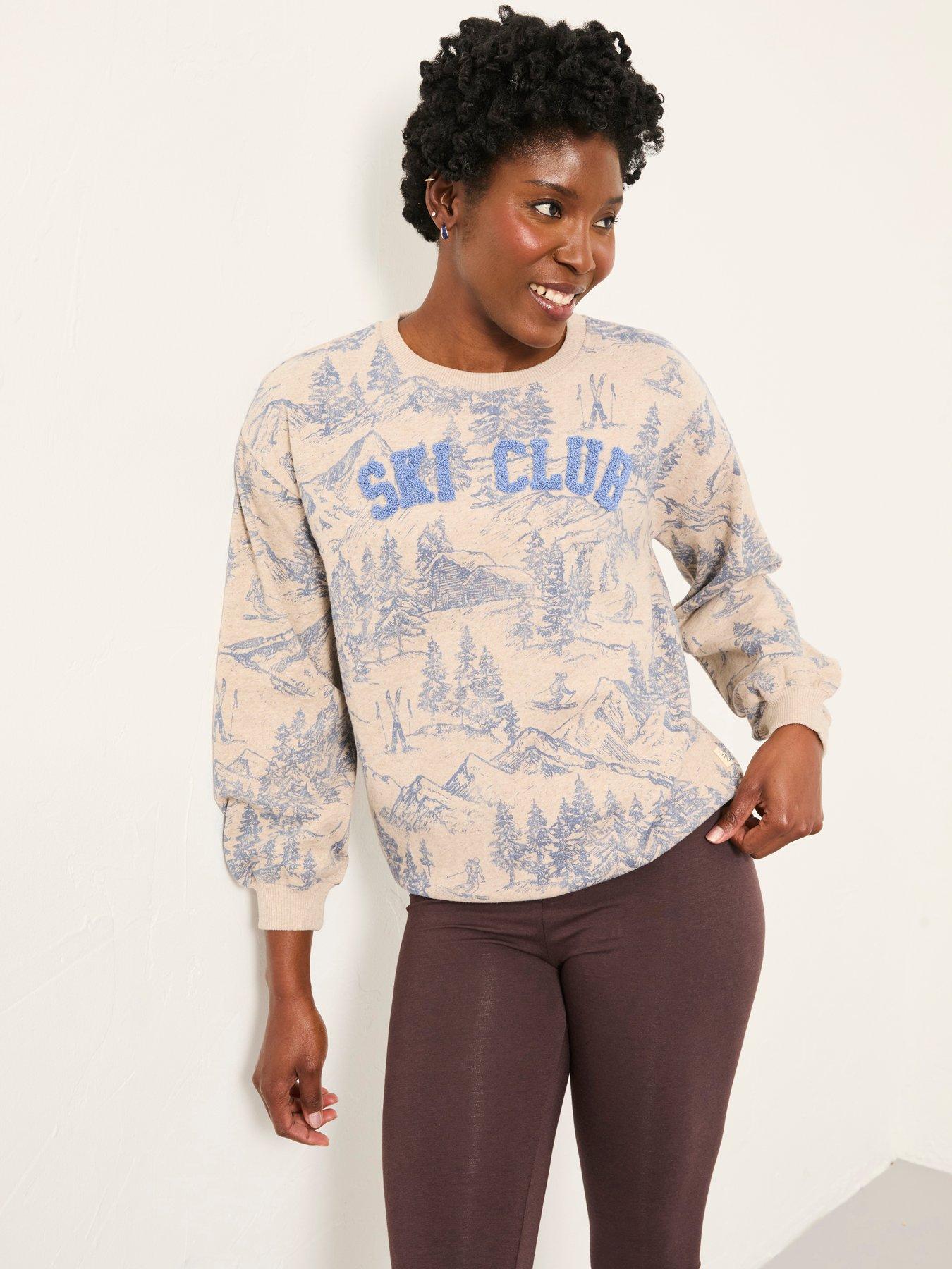 FatFace Ski Club Crew Sweatshirt, Beige, Size 18, Women
