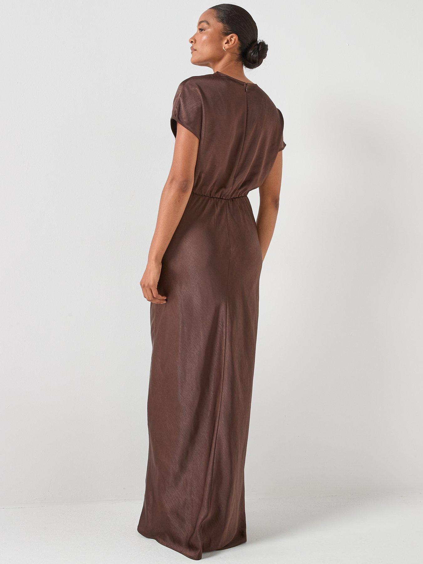 Six Stories Batwing high neck satin bridesmaid dress - Brown | Very