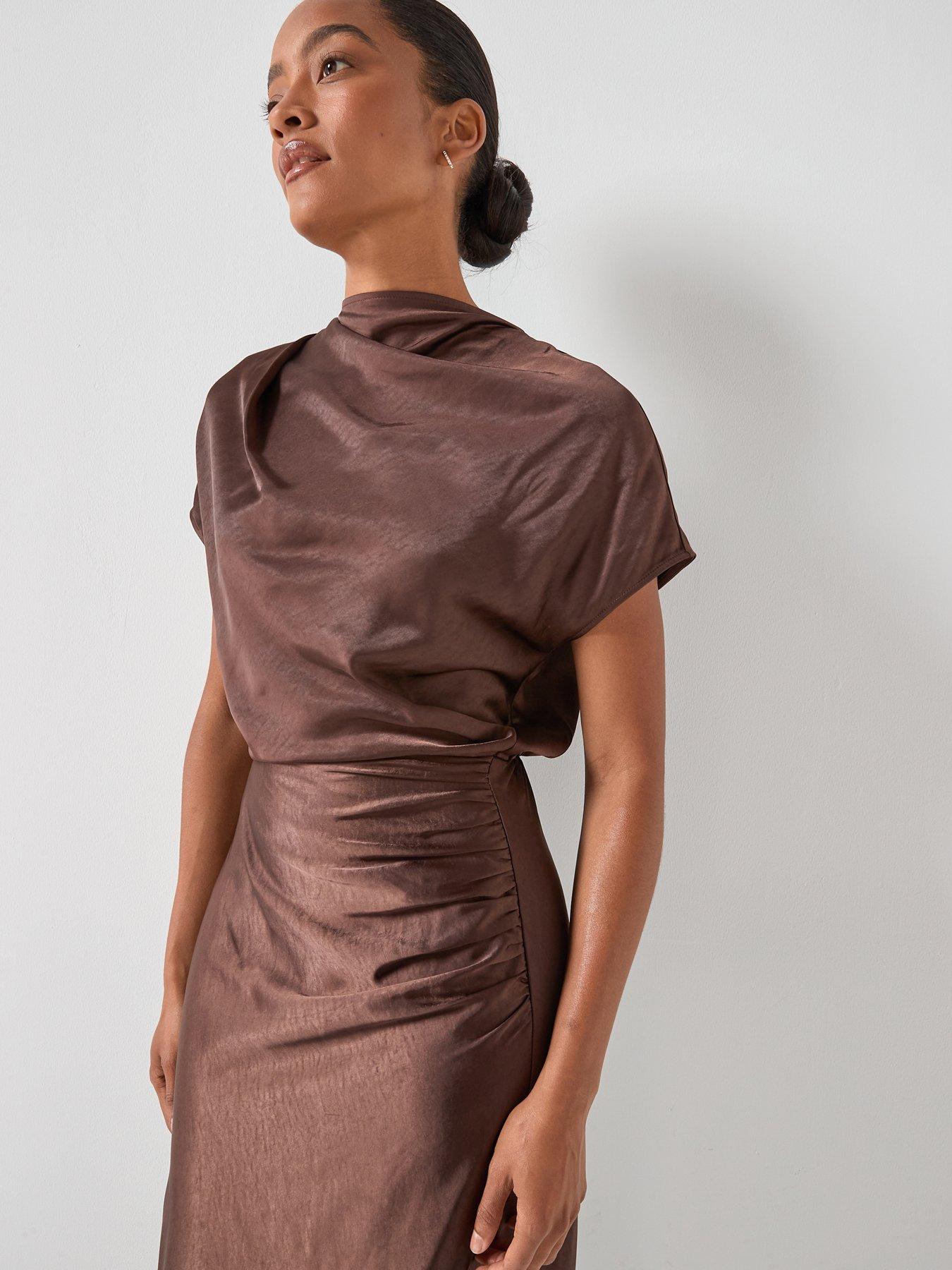 Six Stories Batwing high neck satin bridesmaid dress - Brown | Very