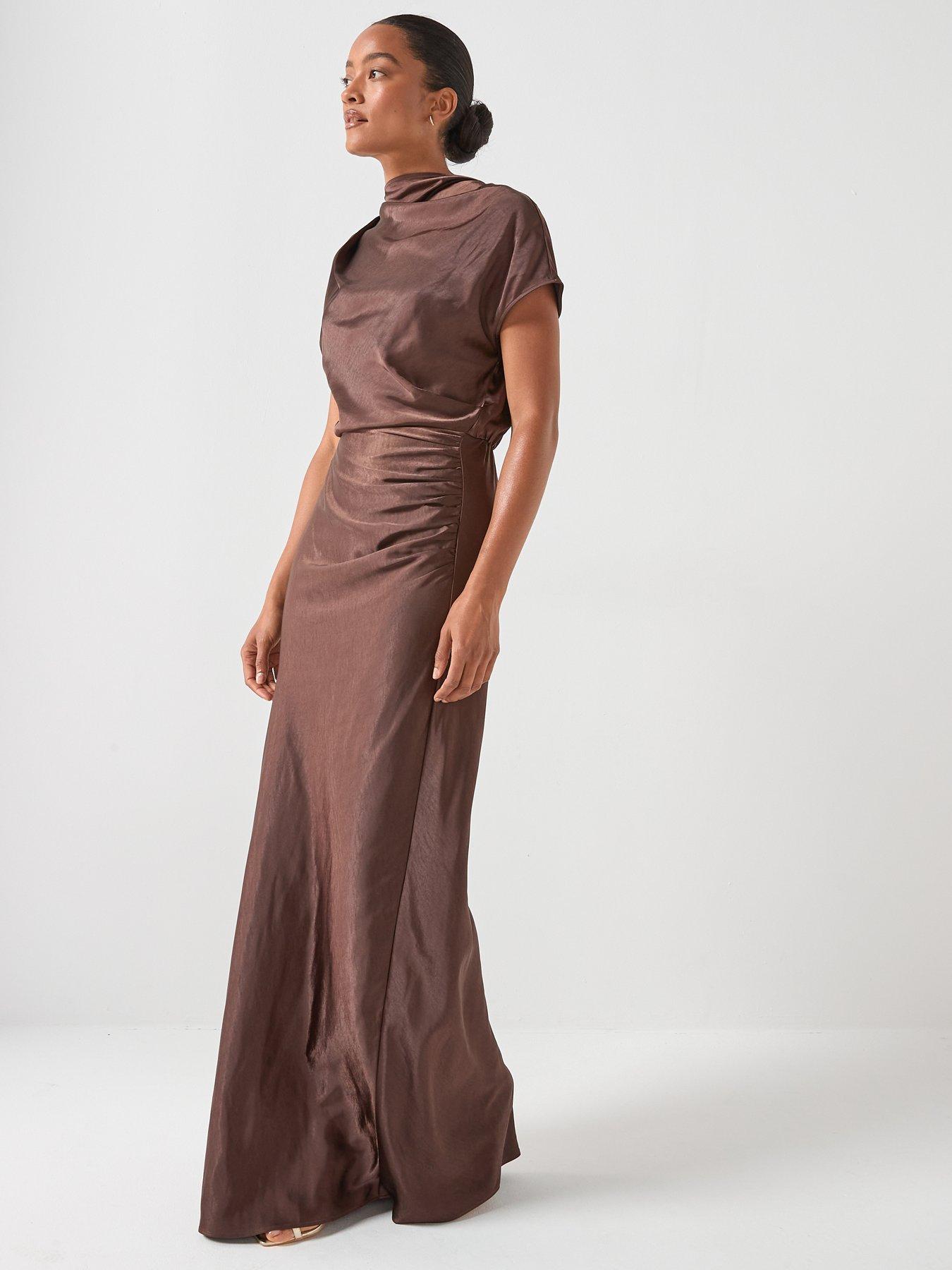 Six Stories Batwing high neck satin bridesmaid dress - Brown | Very