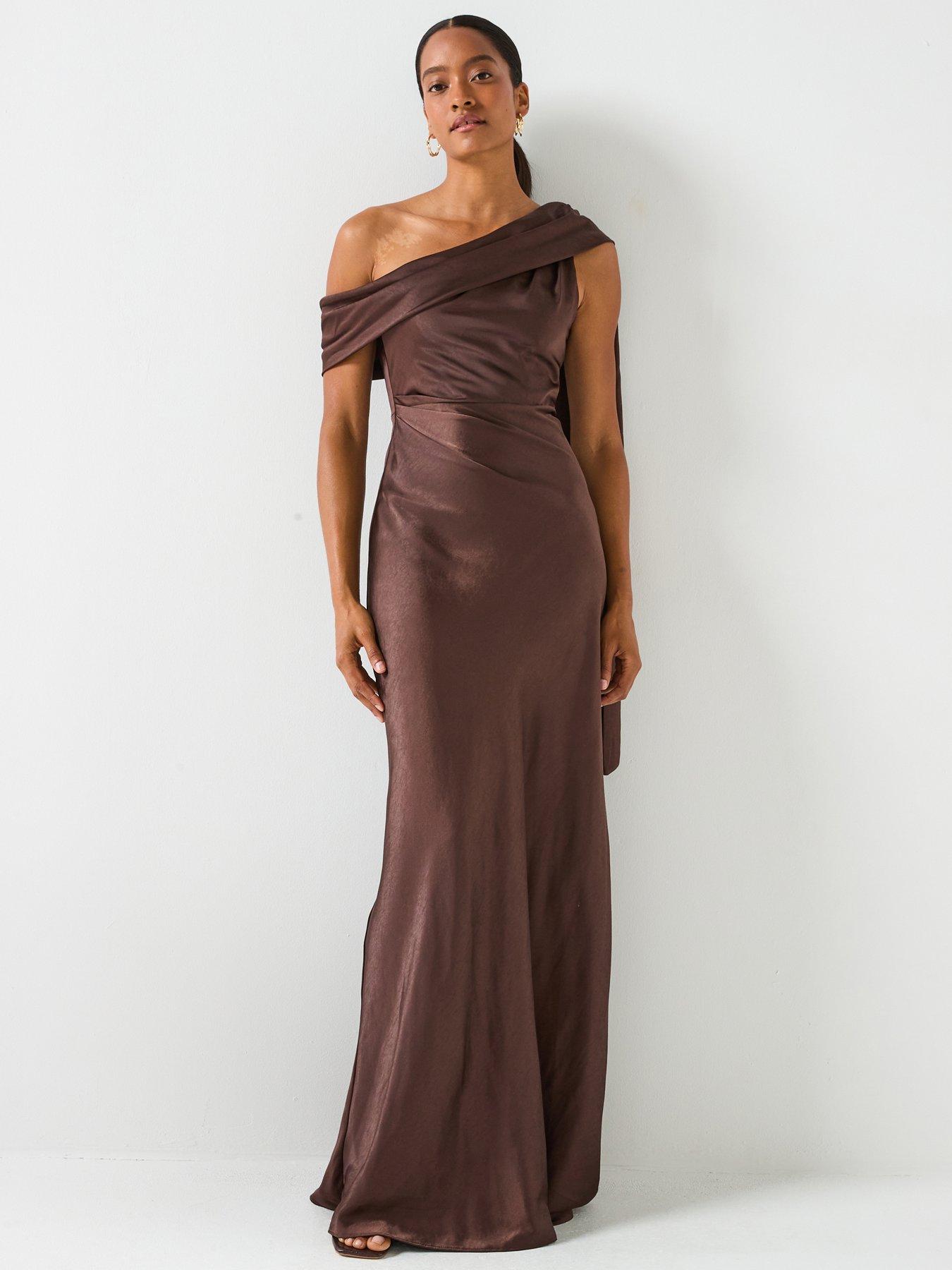 Six Stories One shoulder drape detail Satin bridesmaid dress - Brown