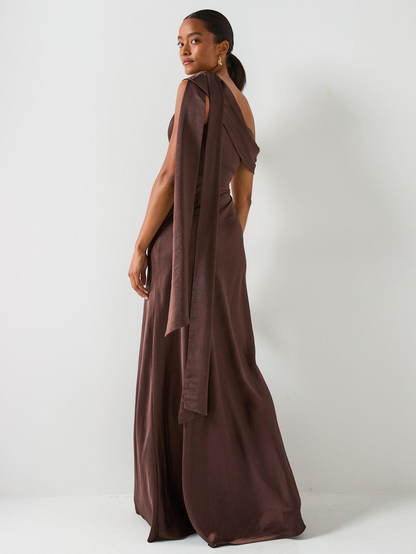six stories brown dress One Shoulder Drape Satin Bridesmaid Dress
