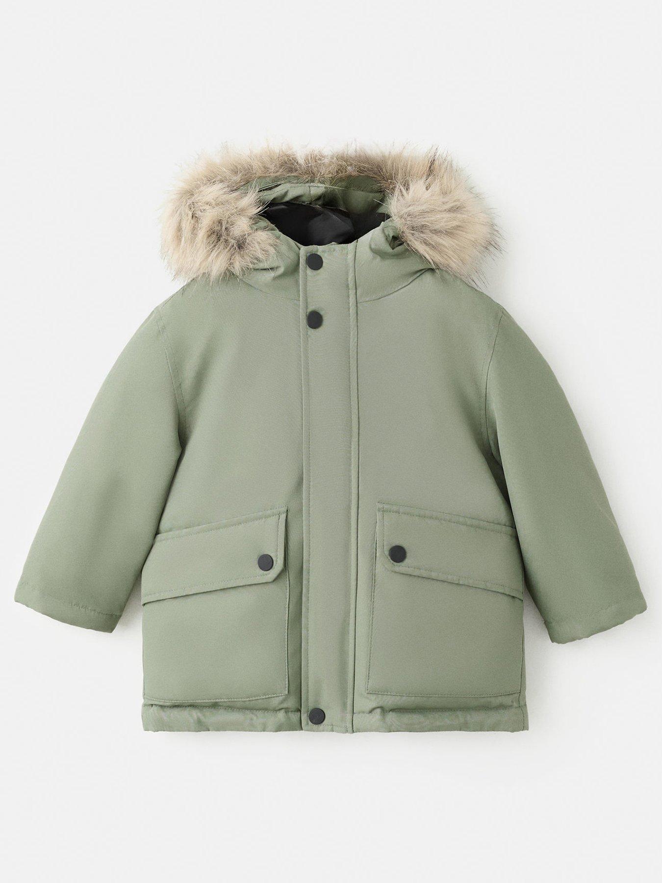 Mango Younger Boys Faux Fur Trim Coat - Green