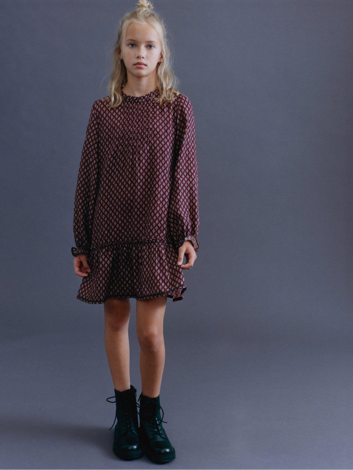 Image 1 of 5 of Mango Girls Long Sleeve Dress - Dark Red