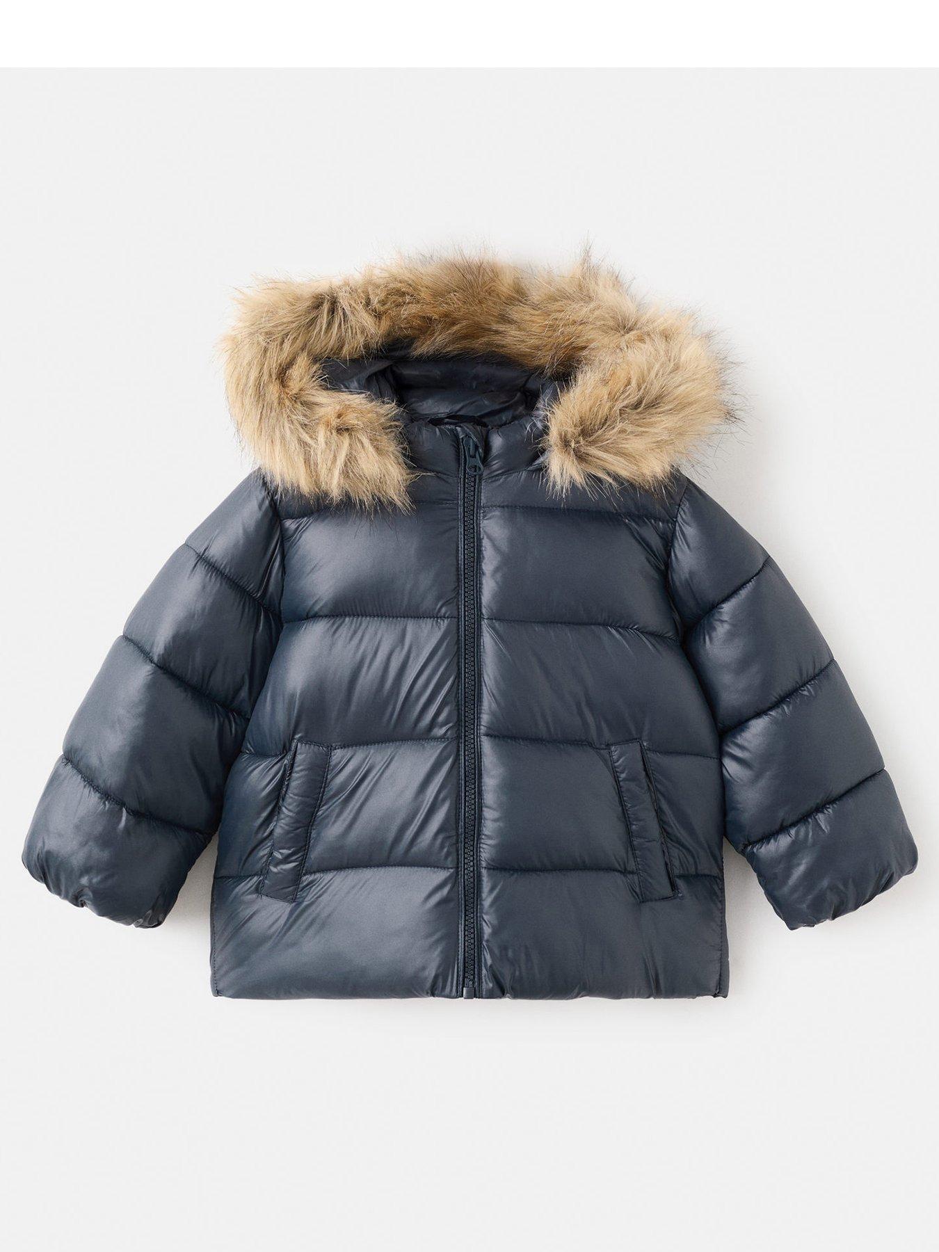 Mango Younger Girls Faux Fur Trim Padded Coat, Navy, Size 9-12 Months