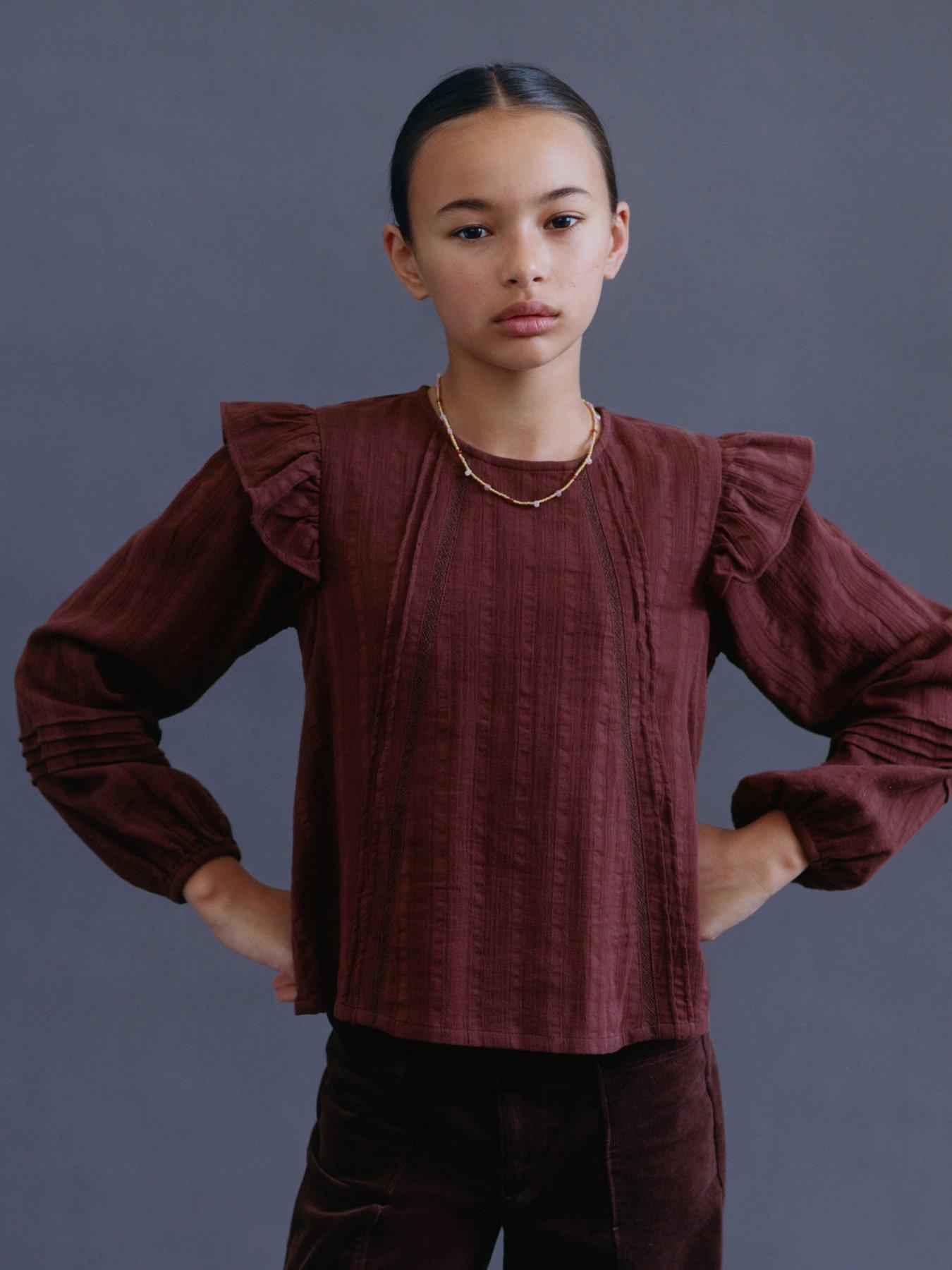 Mango Girls Long Sleeve Stripe Blouse - Dark Red