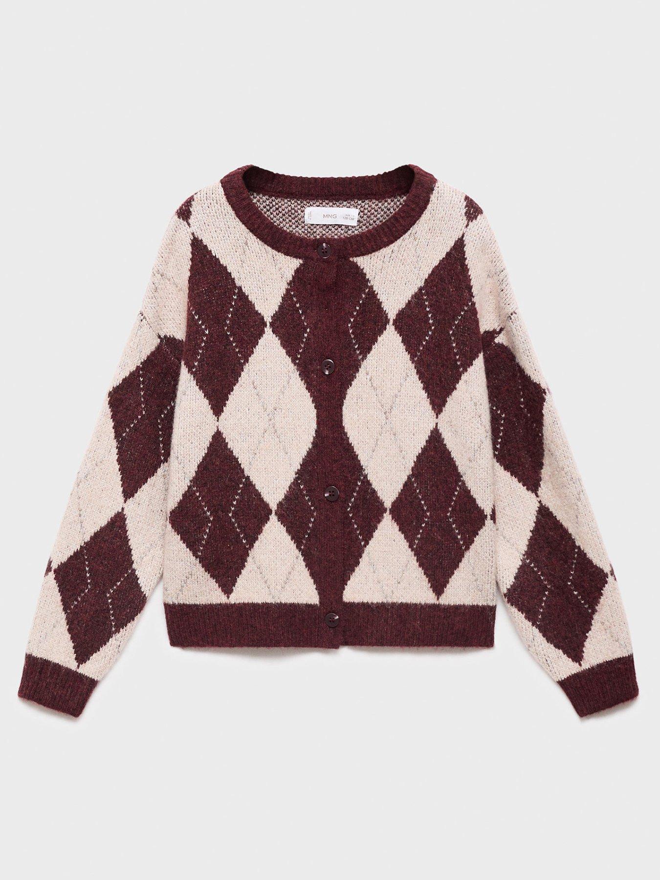 Image 1 of 4 of Mango Girls Jacquard Knitted Cardigan - Dark Red