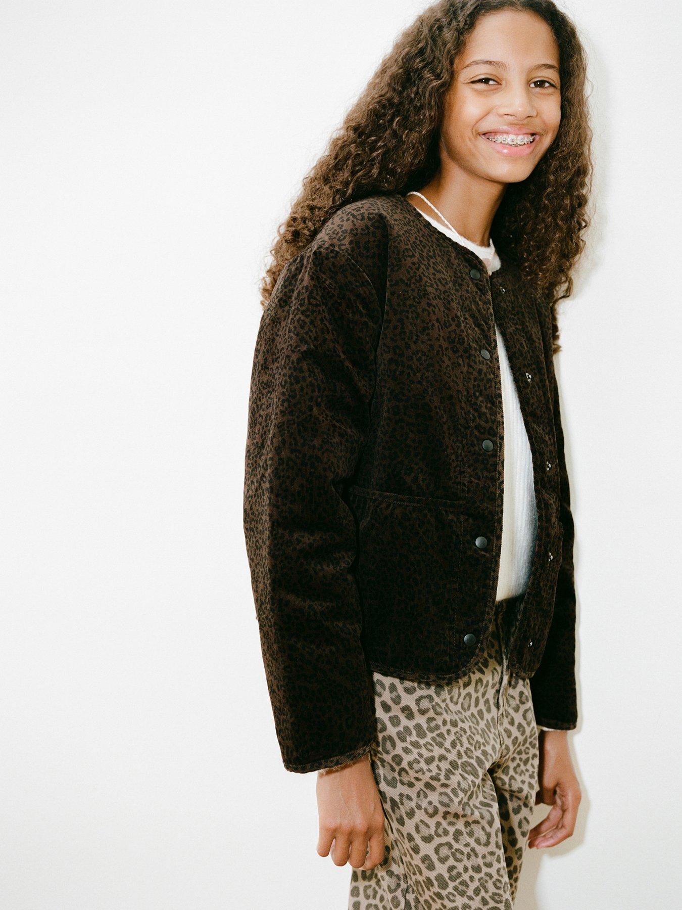 Mango Girls Leopard Printed Cord Jacket, Brown, Size 13-14 Years
