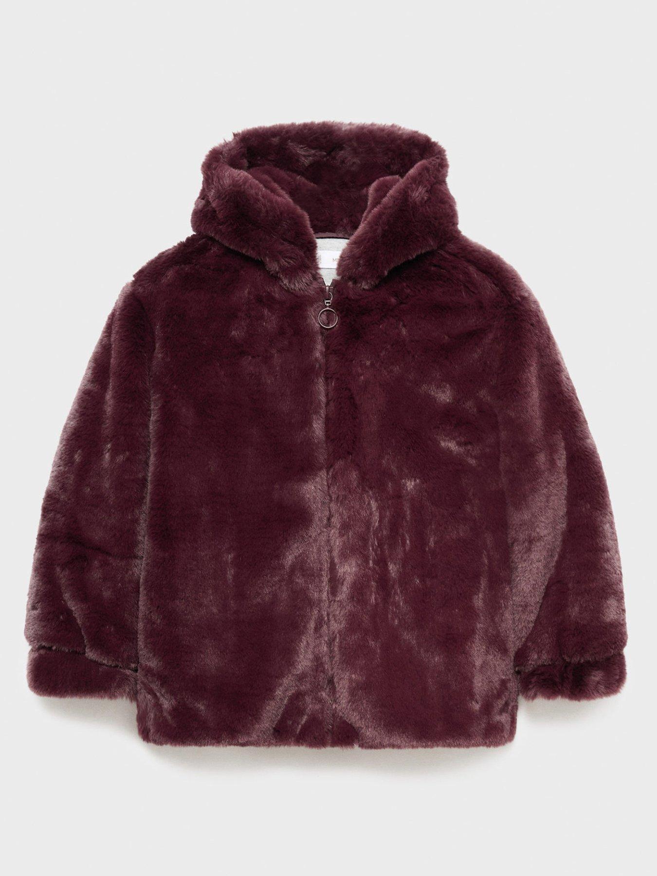 Mango Girls Faux Fur Hooded Coat - Dark Red