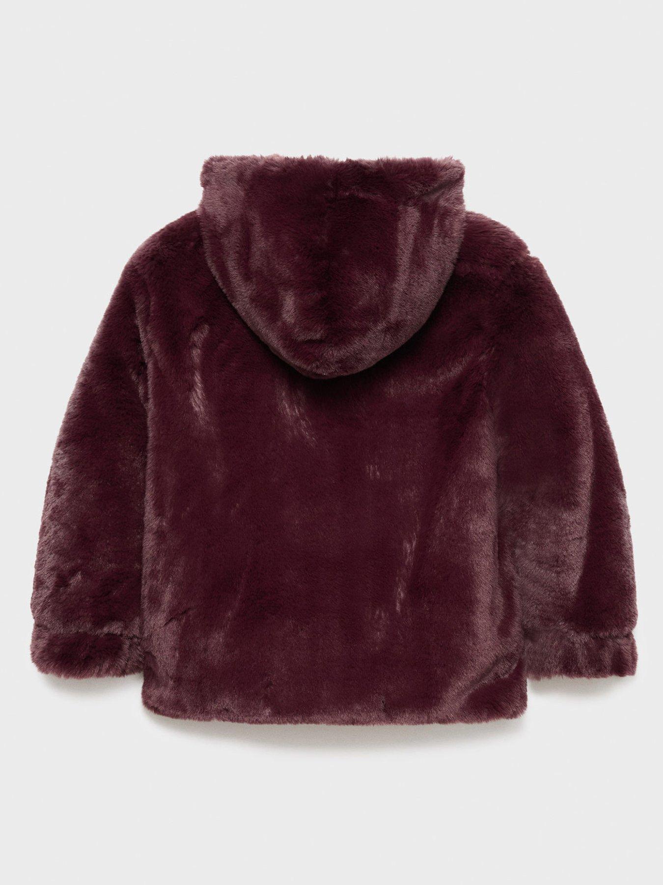 Image 2 of 4 of Mango Girls Faux Fur Hooded Coat - Dark Red