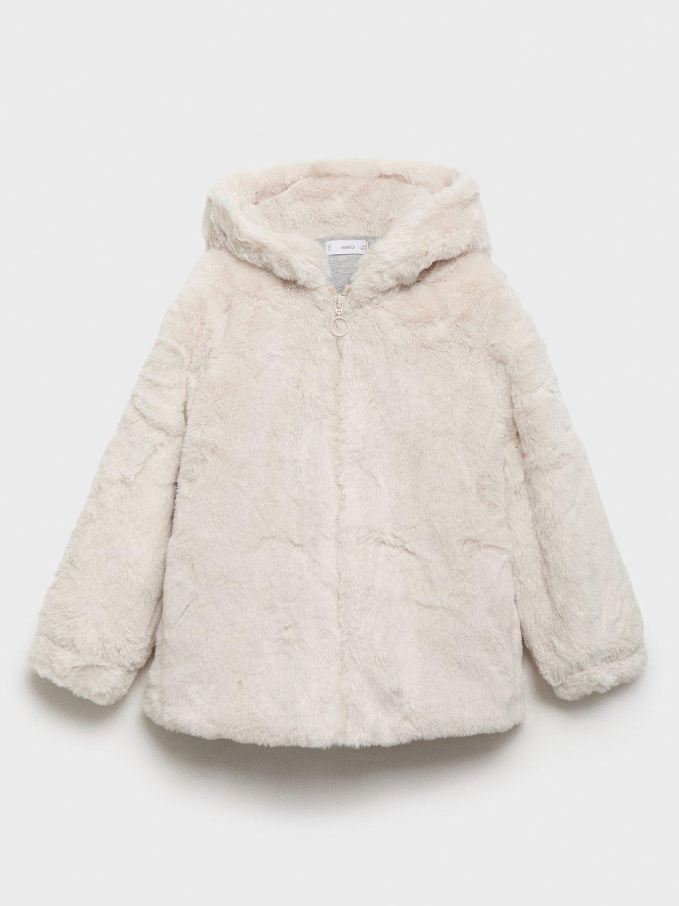 Mango Girls Faux Fur Hooded Coat - Beige