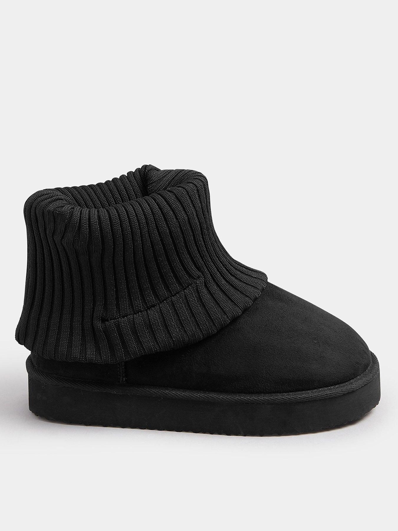Image 1 of 4 of Yours Extra Wide Fit Knitted Cuff Fur Boot - Black