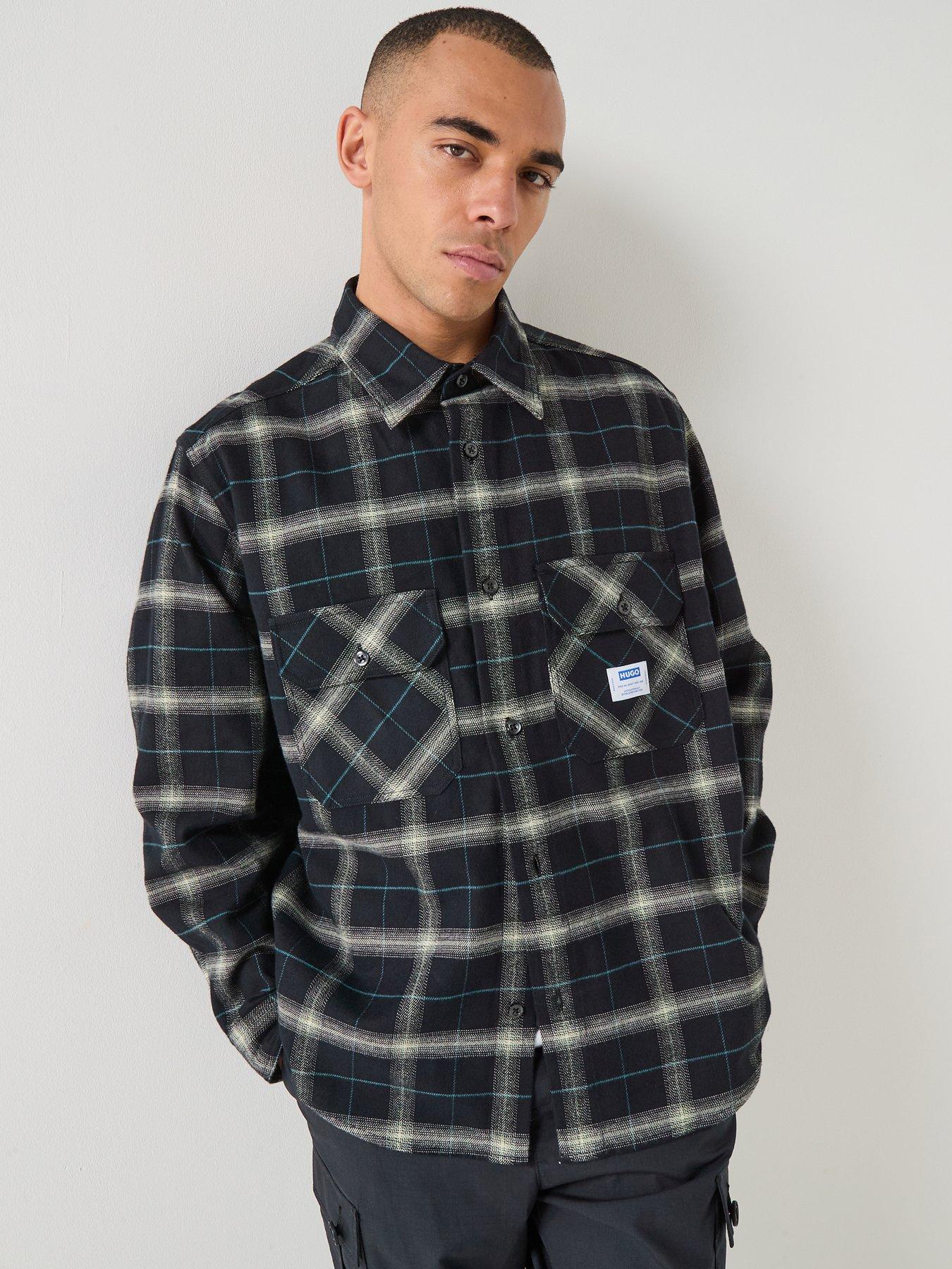 Image 1 of 6 of HUGO Blue Ebolt Loose Fit Checked Overshirt - Black