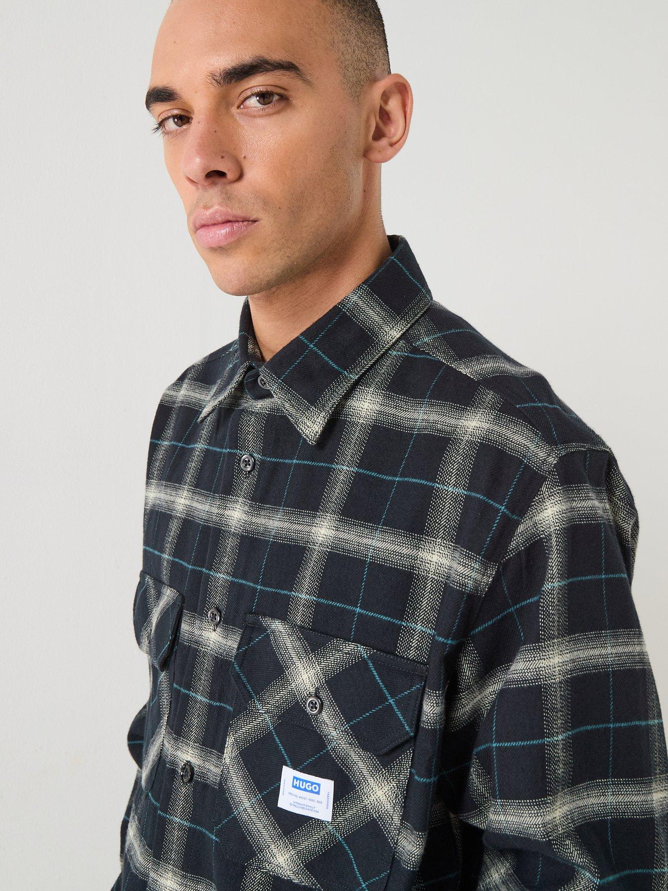 Image 4 of 6 of HUGO Blue Ebolt Loose Fit Checked Overshirt - Black