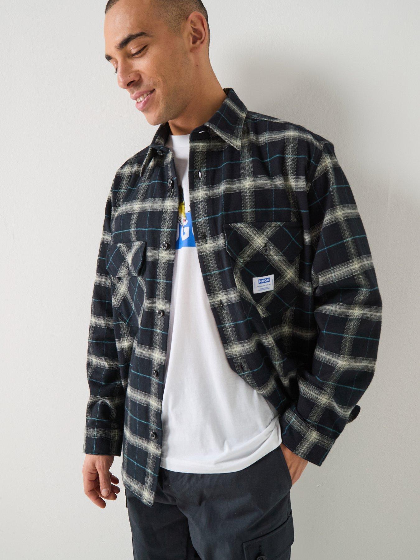 Image 5 of 6 of HUGO Blue Ebolt Loose Fit Checked Overshirt - Black