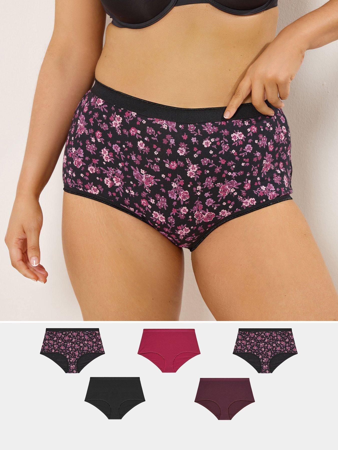 Yours Curve 5 Pack Floral Full Briefs Berry - Black