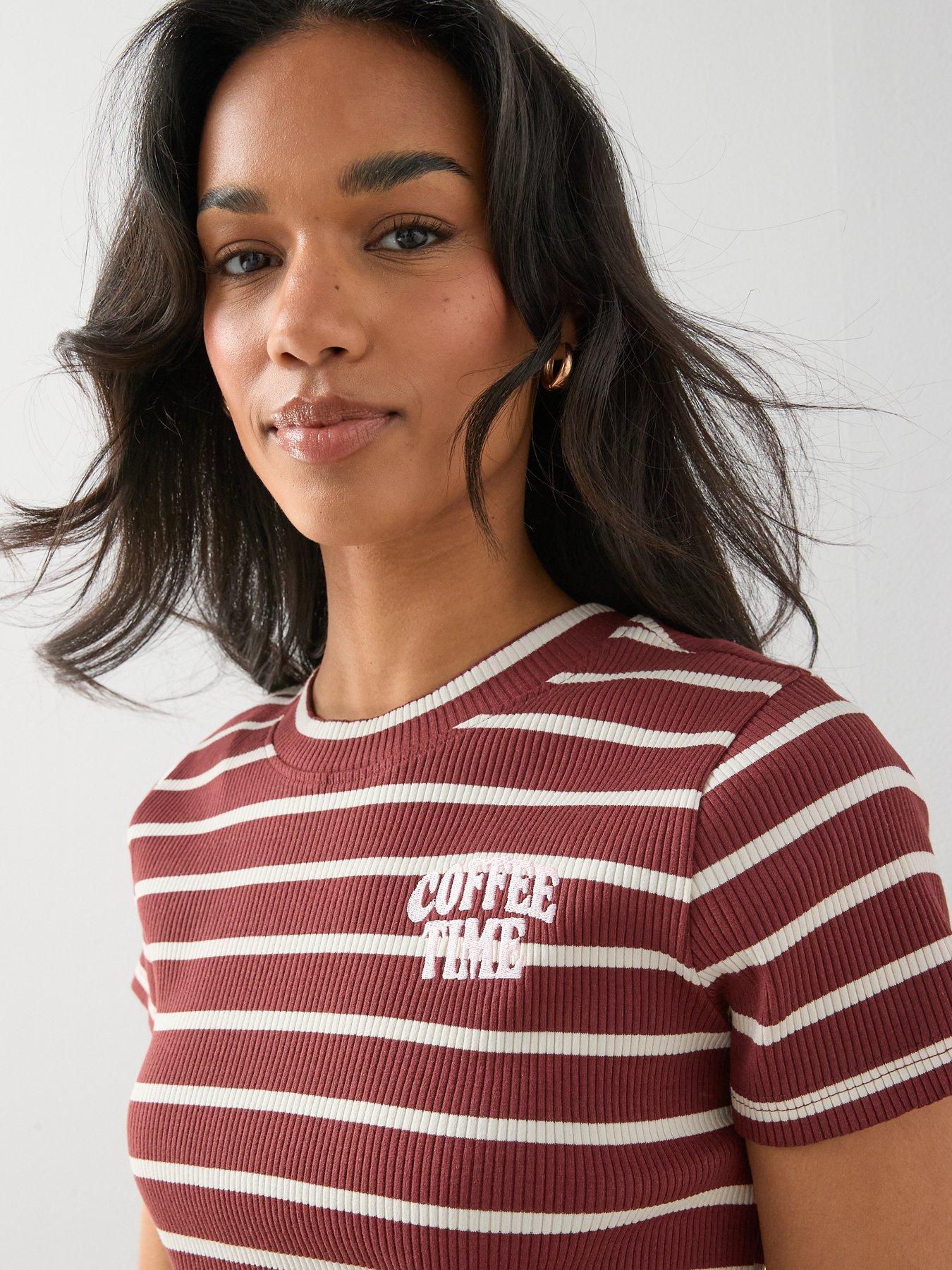 The Very Collection Stripe Ribbed Graphic T-Shirt - Red | Very