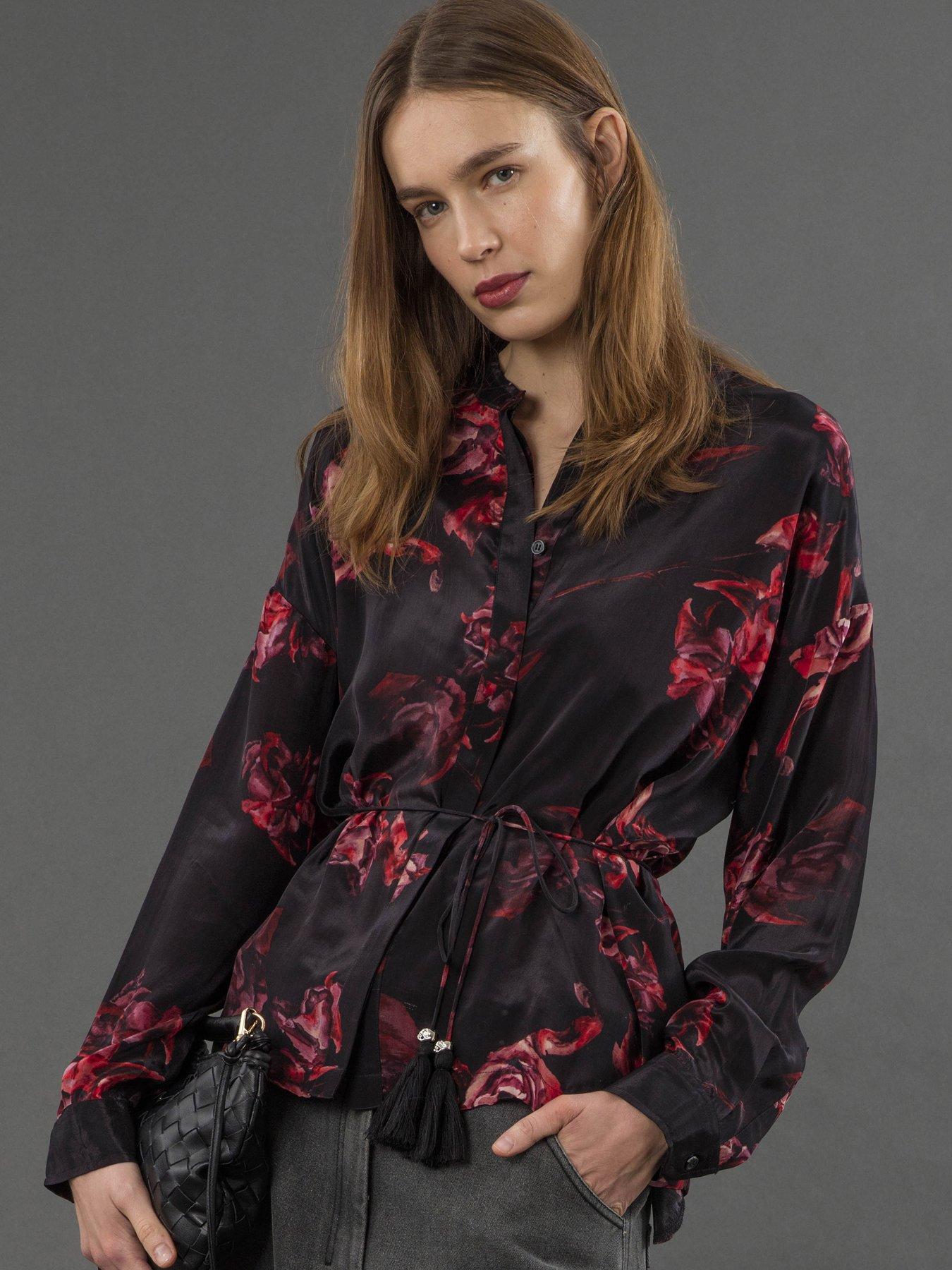 Religion Lola Long Line Tie Waist Floral Shirt - Red