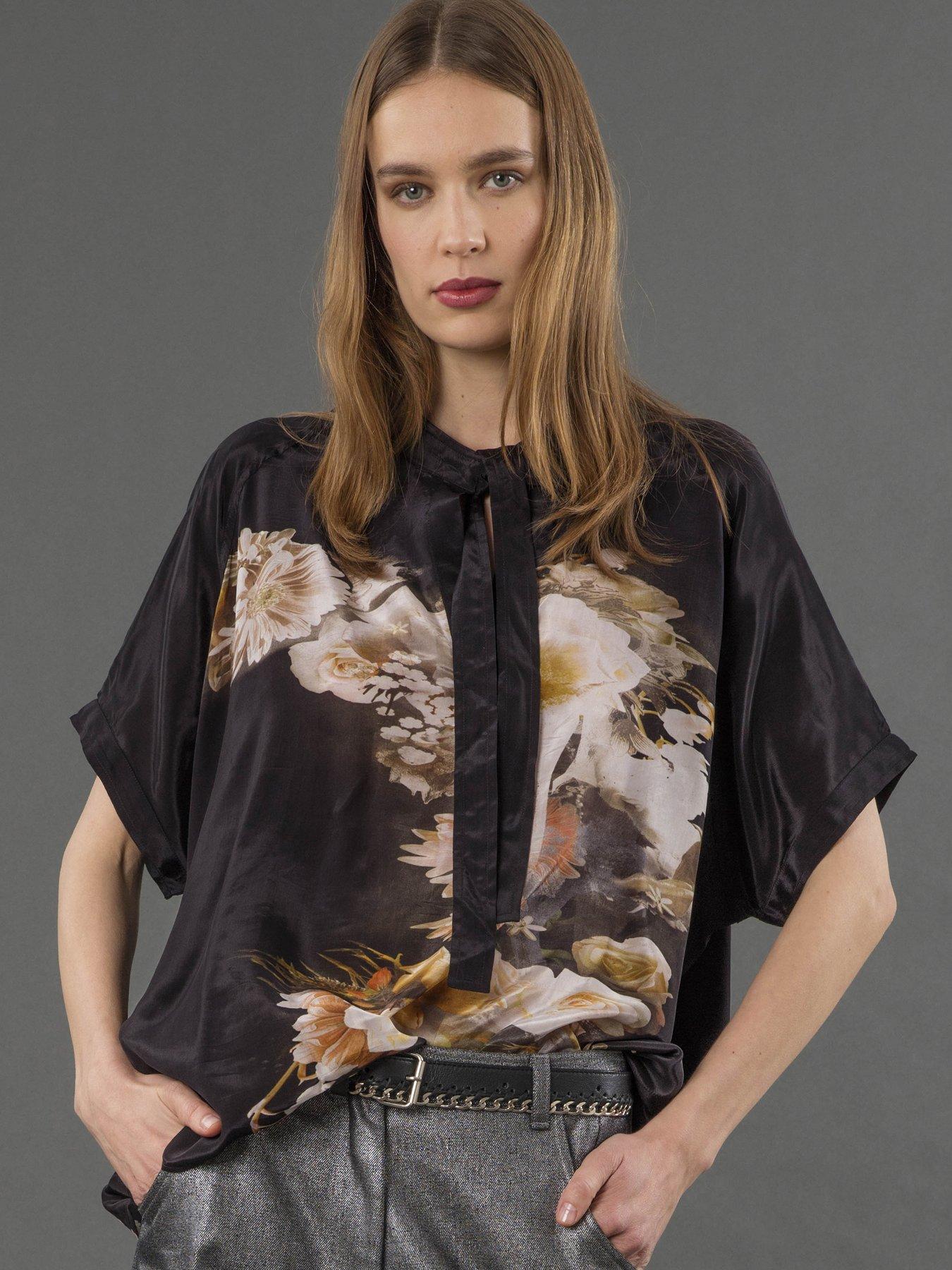 undefined Lola Oversized Floral Placement Blouse - Black