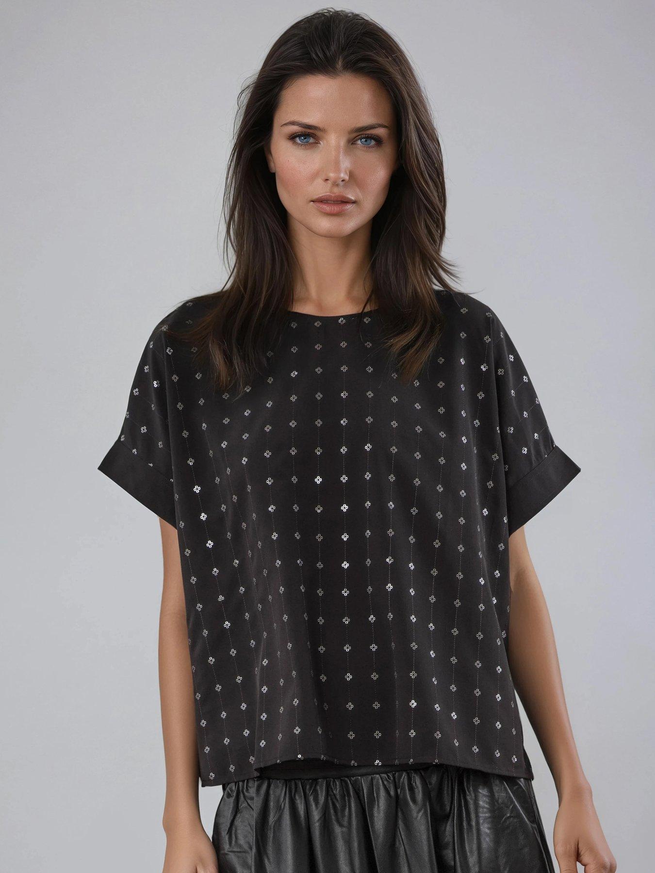 Religion Mila Short Sleeved Sequin Flower Top - Black