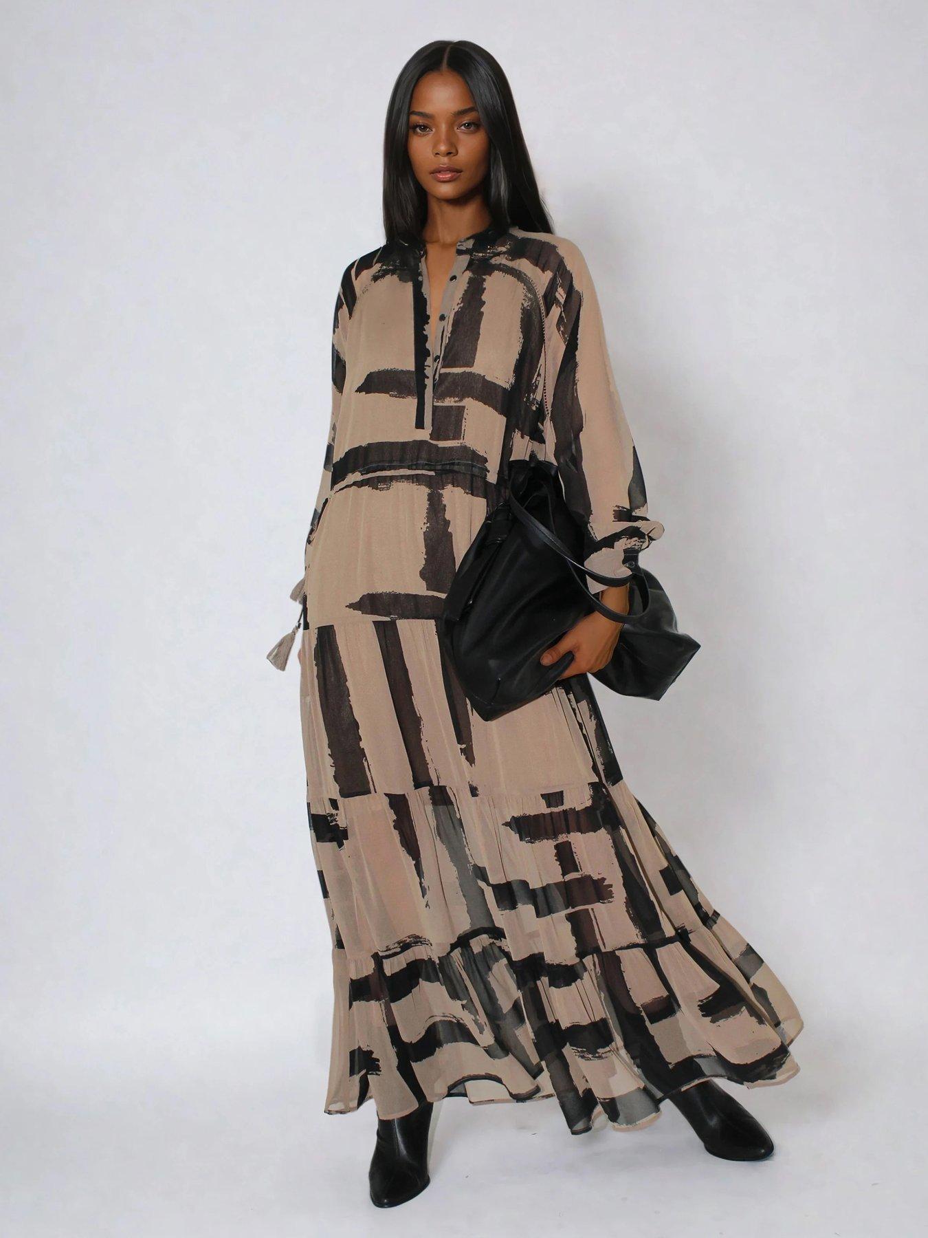 chinese dress ladies Dolly Elegant Brown Halter Neck Loose High Waist Pleated Resort Dress-VEe M / Brown
