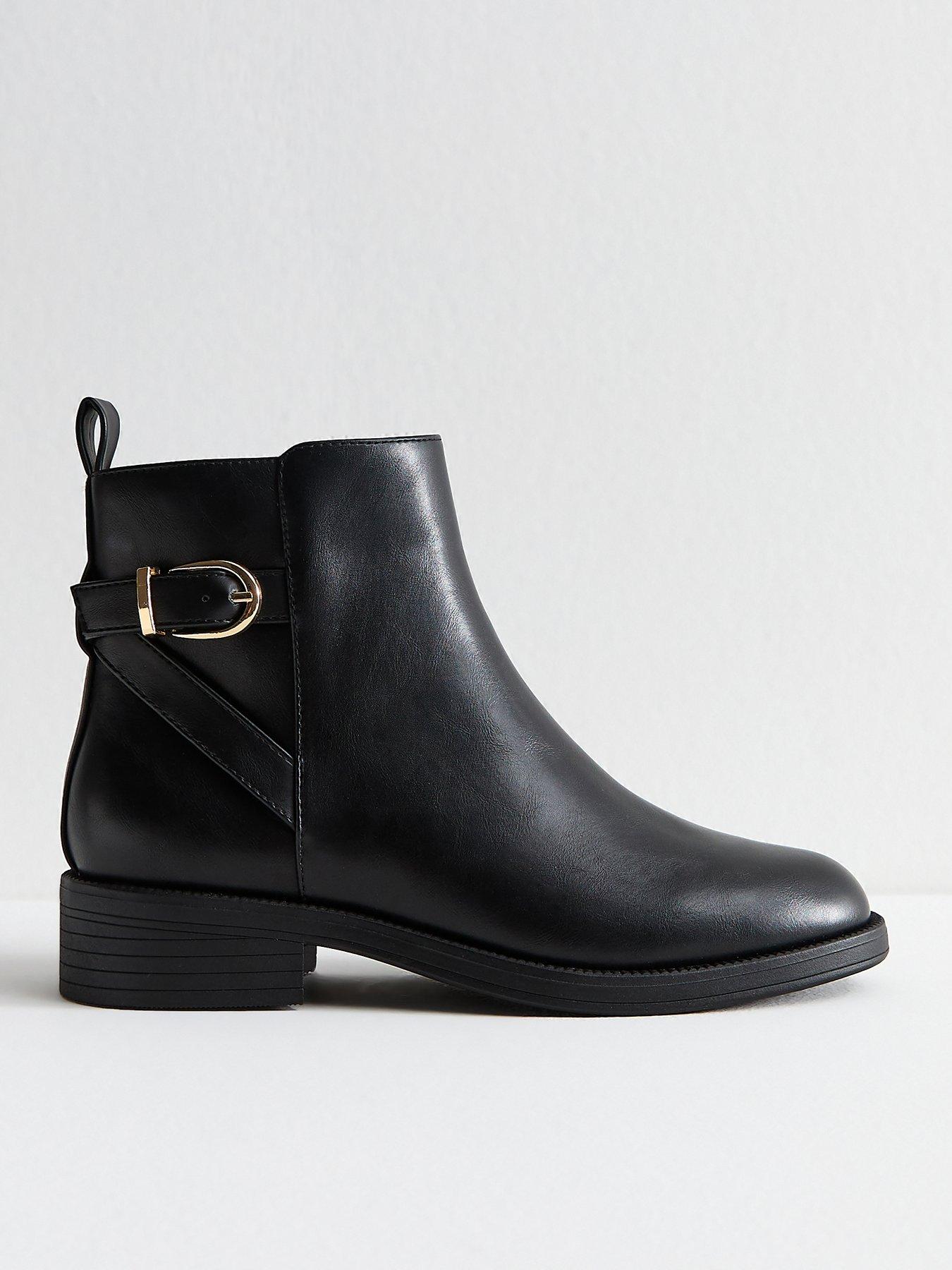 New Look Wide Fit Black Faux Leather Buckle Detail Ankle Boots
