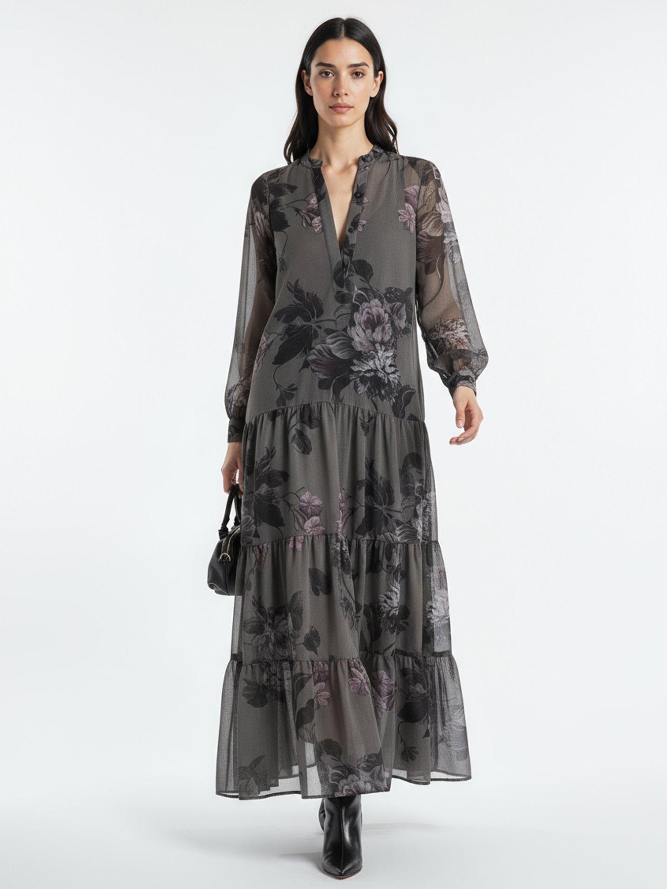 Religion Stephanie Tiered Floral Print Maxi Boho Dress - Grey