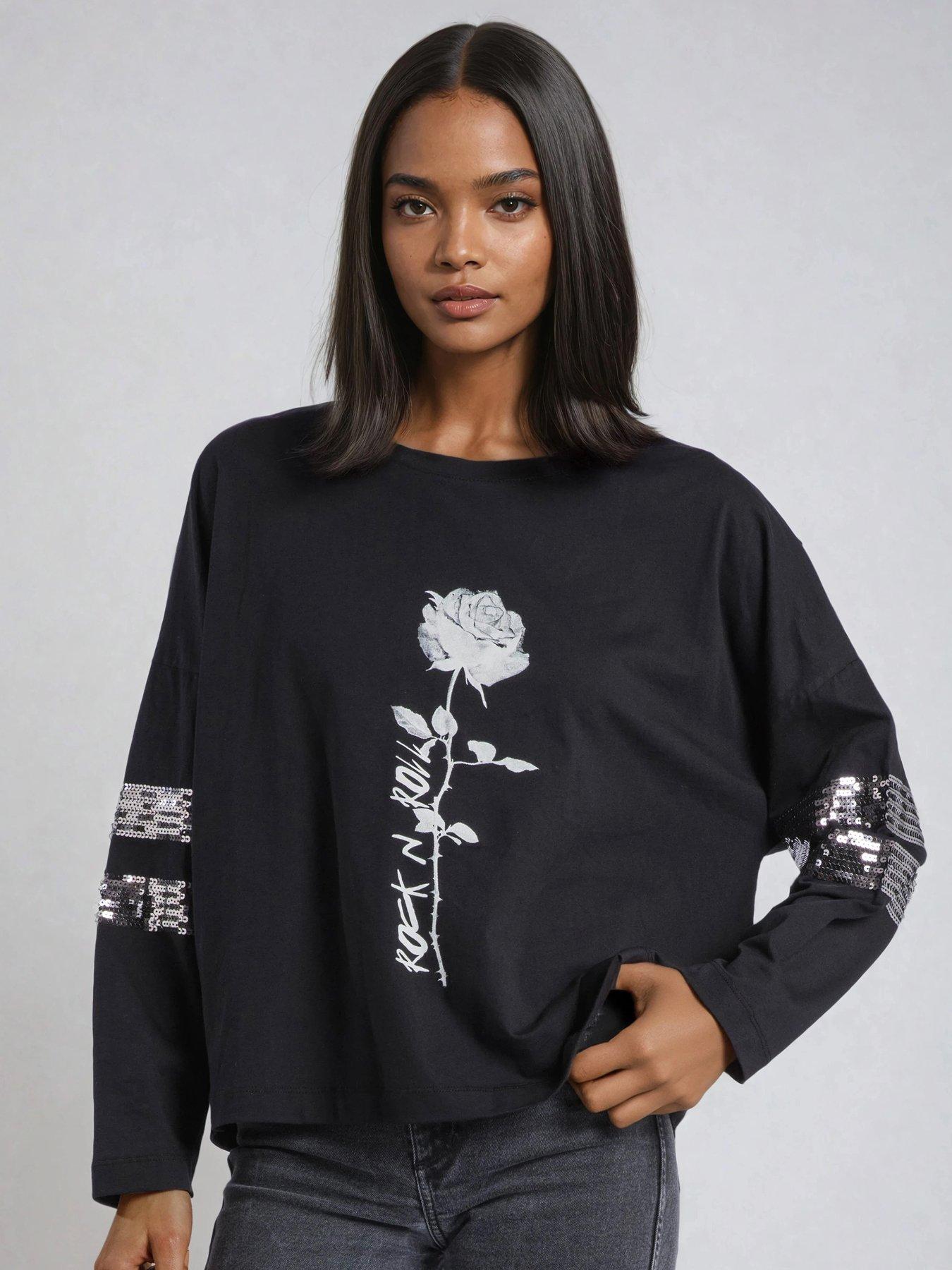 Religion Long Sleeve Rose Grpahic Embellished Iris Top  - Black