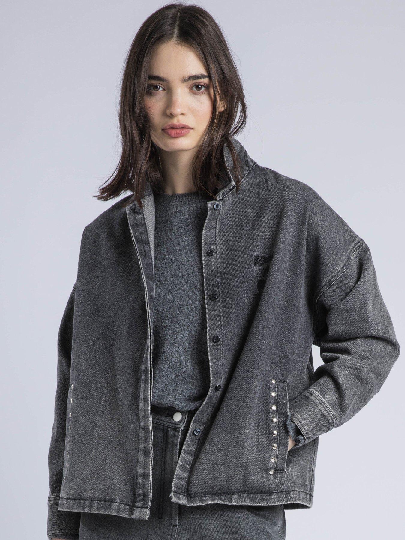 Religion Eccentric Washed Denim Embroidered Studded Shirt Jacket - Grey
