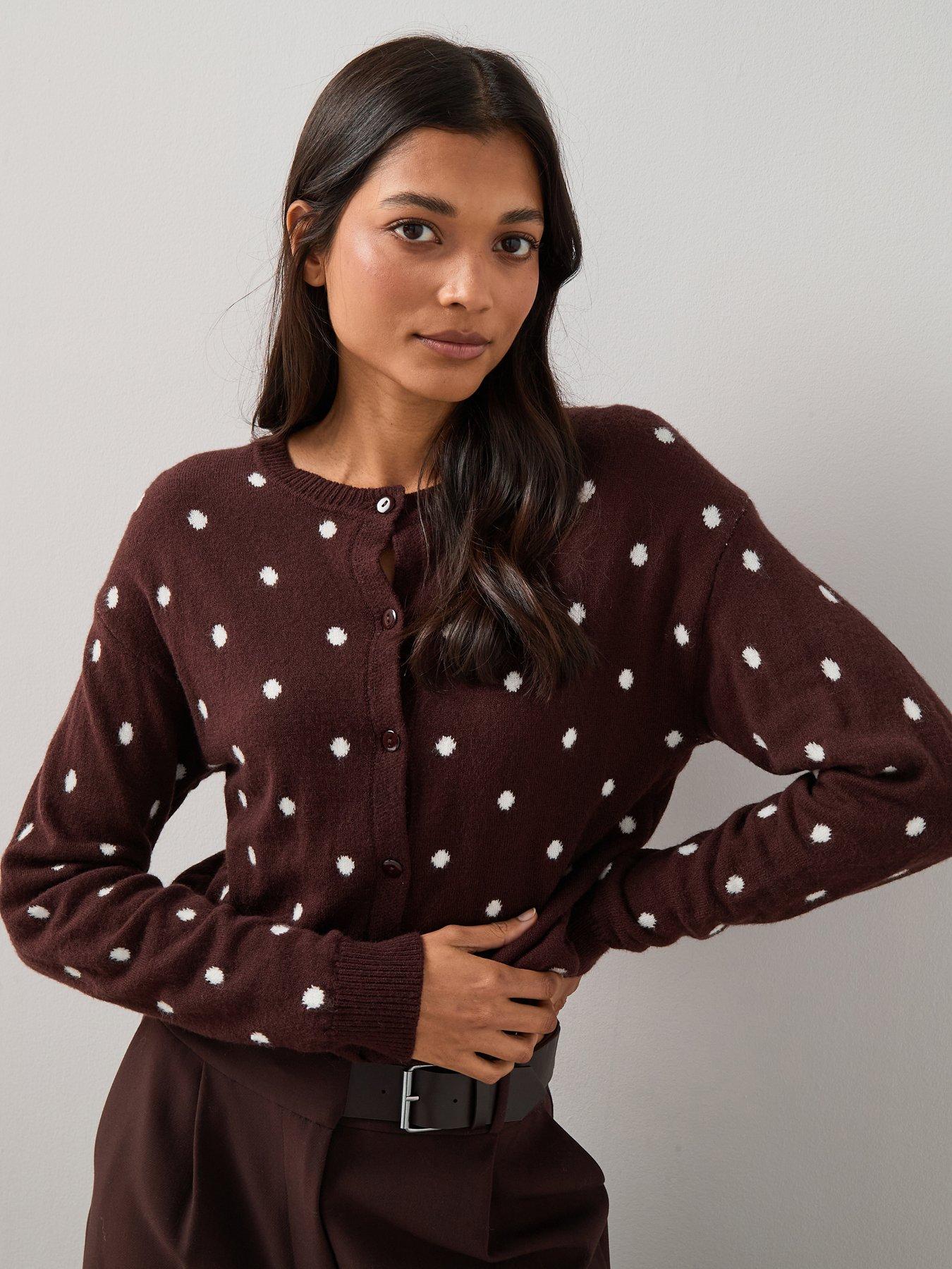 Image 1 of 7 of The Very Collection Polka Dot Knitted Cardigan - Chocolate