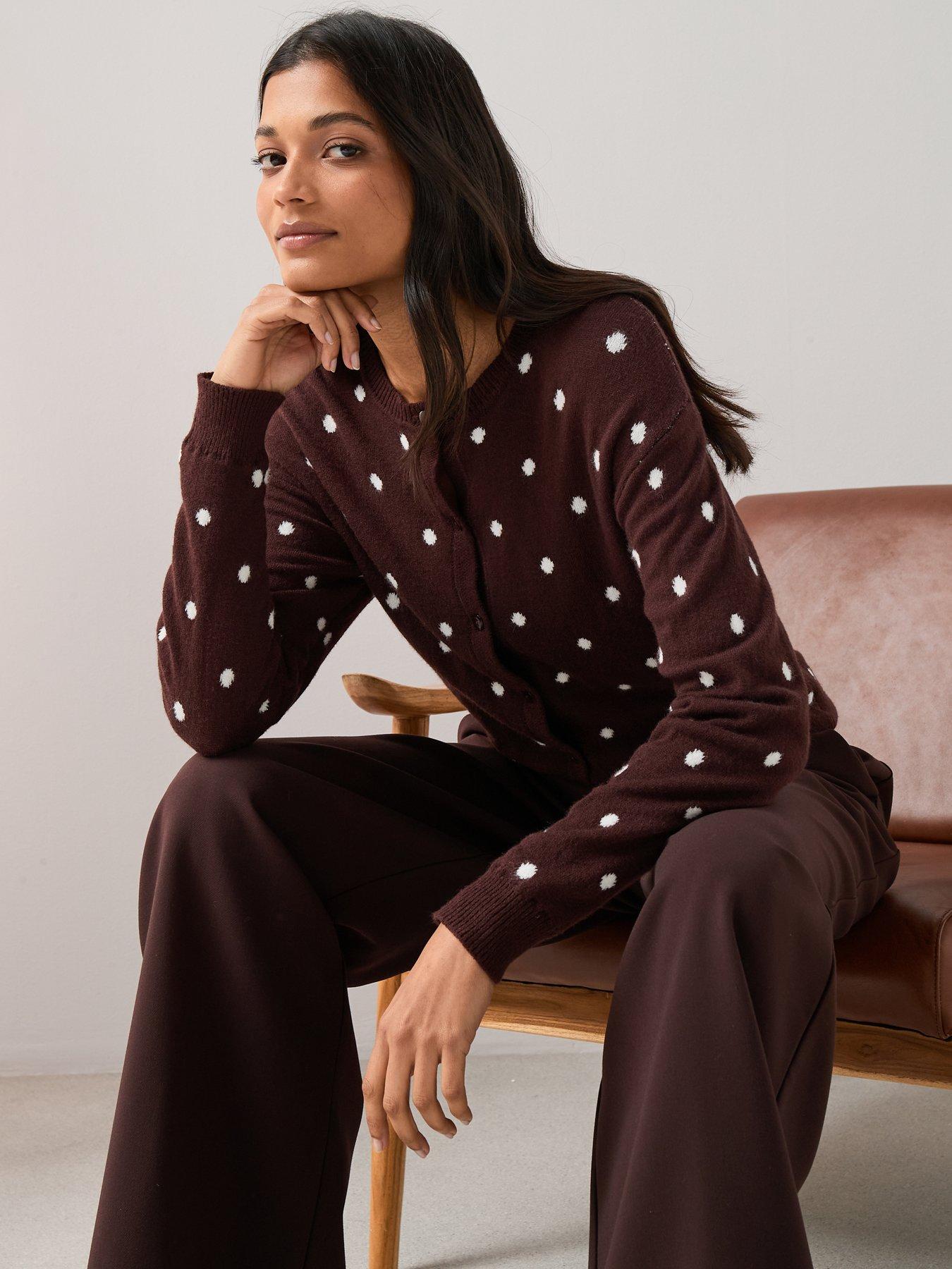Image 4 of 7 of The Very Collection Polka Dot Knitted Cardigan - Chocolate