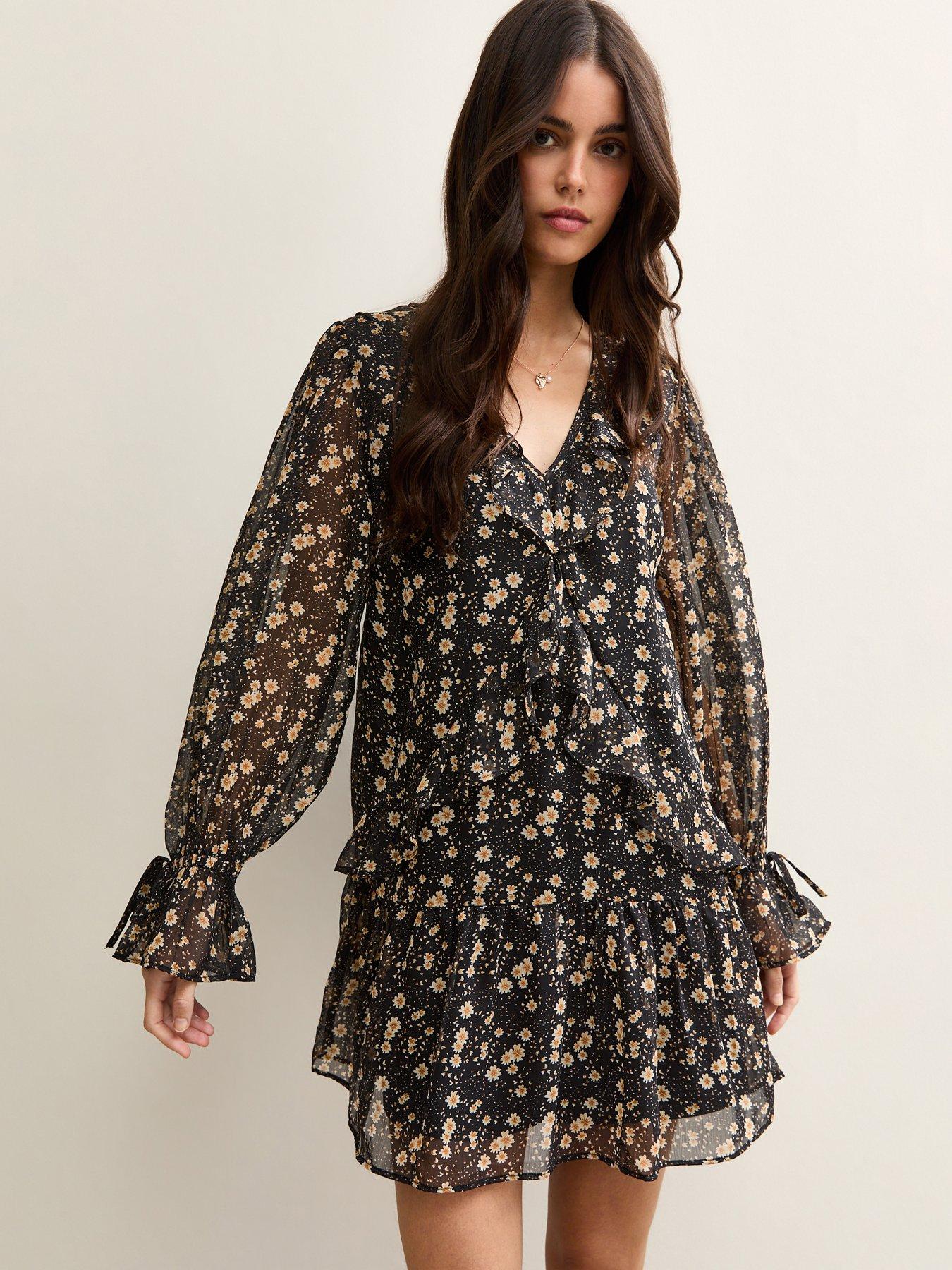 Image 1 of 5 of New Look Floral Chiffon Frilly Mini Dress - Black