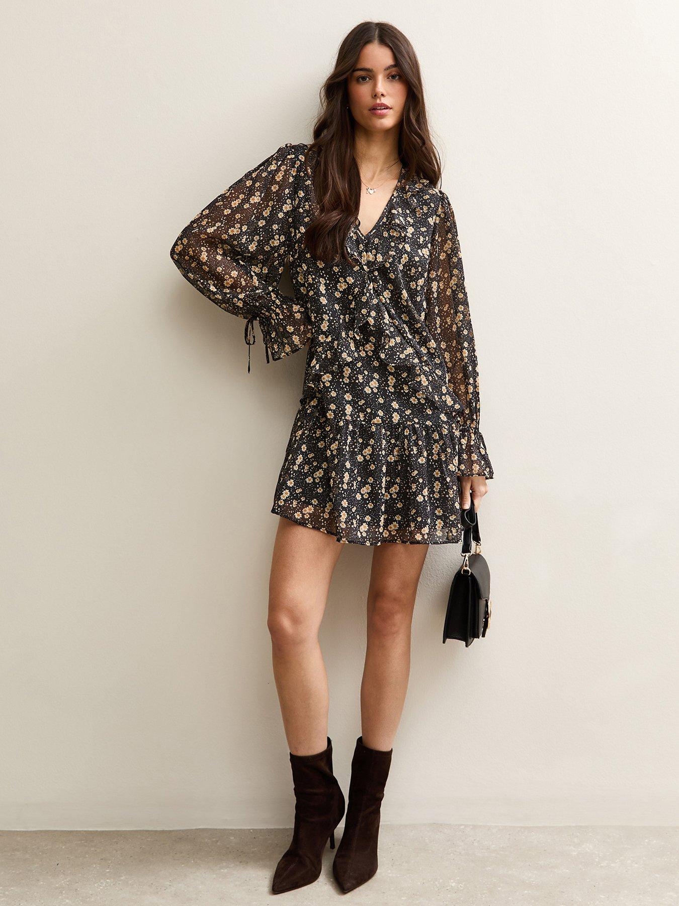 Image 3 of 5 of New Look Floral Chiffon Frilly Mini Dress - Black