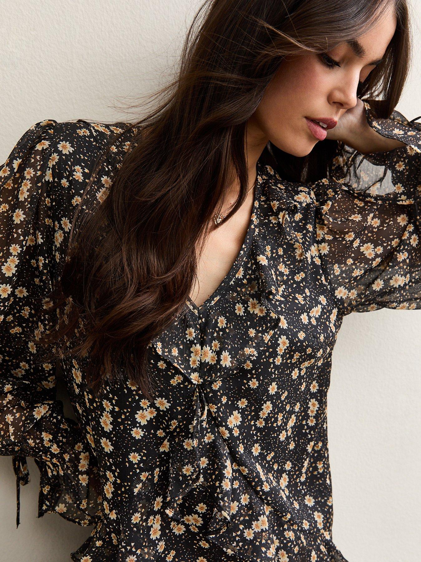 Image 4 of 5 of New Look Floral Chiffon Frilly Mini Dress - Black